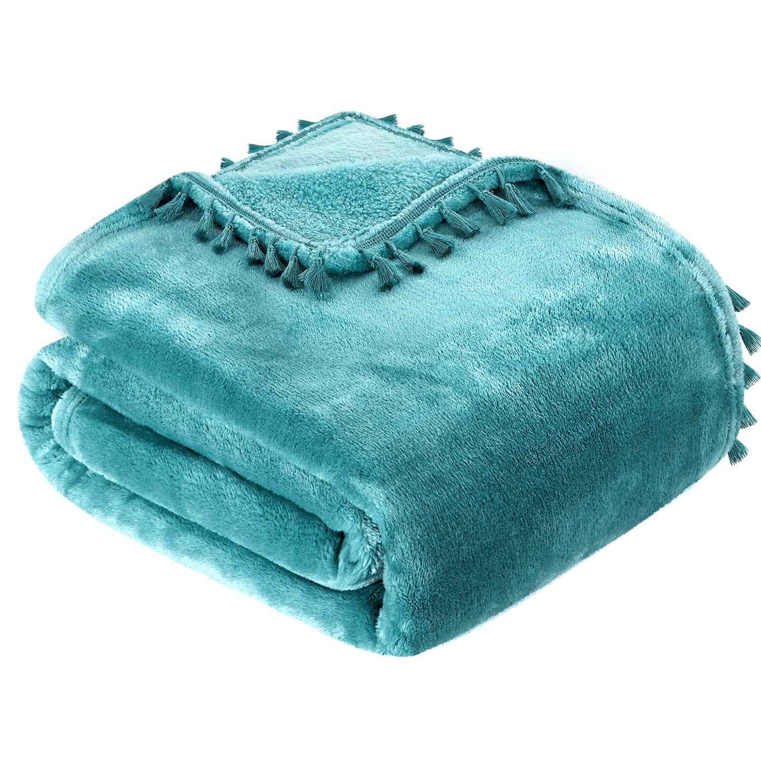 HOMEIDEAS Flannel Fleece Blanket Twin Size (60x80 Inches) - Ultra Soft Lightweight Fuzzy Blanket with Tassel Fringe for All Seasons - Cozy Throw for Couch, Bed, Camping & Travel - Teal Green