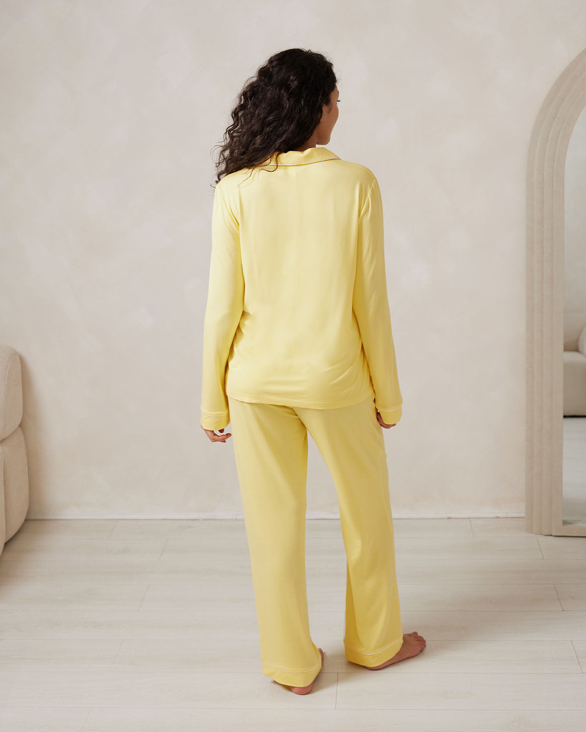 Soft & Breathable TENCEL™ Modal Long Sleeve Button Up Pajama Set for Women - Comfortable Sleepwear in Sunny Yellow | Perfect for Lounging, Relaxing & Overnight Stays