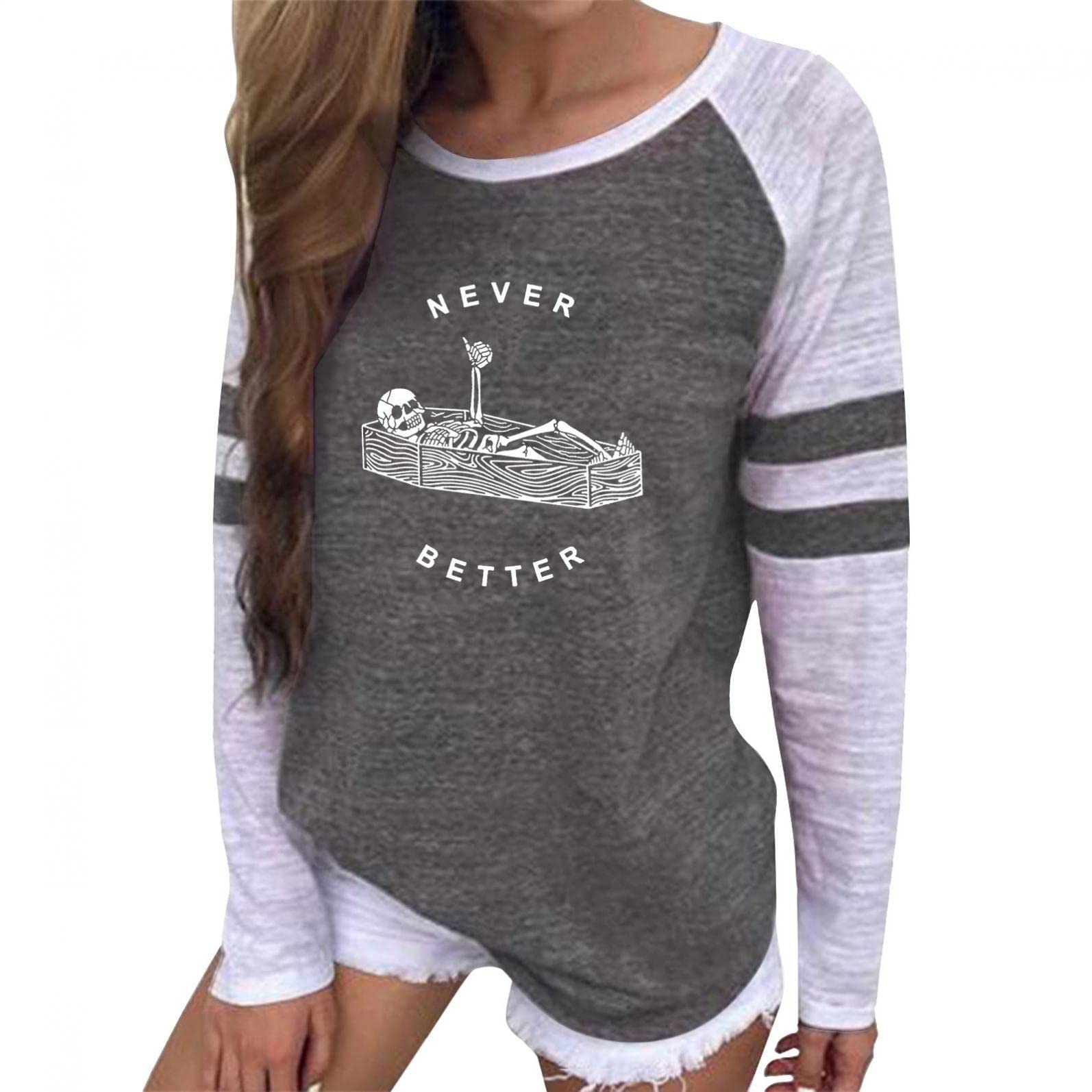 Women's Long Sleeve Raglan T-Shirt - Crew Neck Printed Loose Fit Tunic Blouse for Casual Wear | Fall Fashion, Everyday Outfits & Layering Essentials