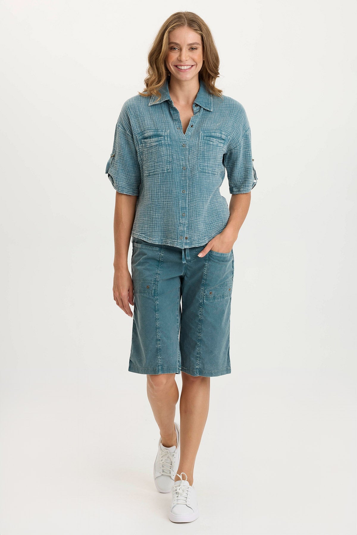 Maurise Women's Gauze Jersey Tabbed Sleeve Snap Up Top - Casual Loose Fit Blouse for Summer, Beach, and Boho Style Outfits