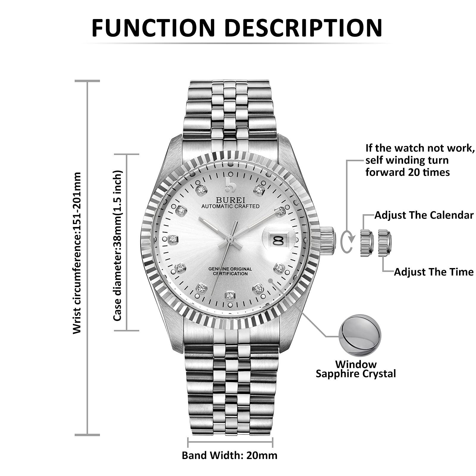 BUREI Men's Automatic Luxury Stainless Steel Waterproof Watch - Self-Winding Mechanical Timepiece for Business, Casual & Formal Wear - Perfect Gift for Him