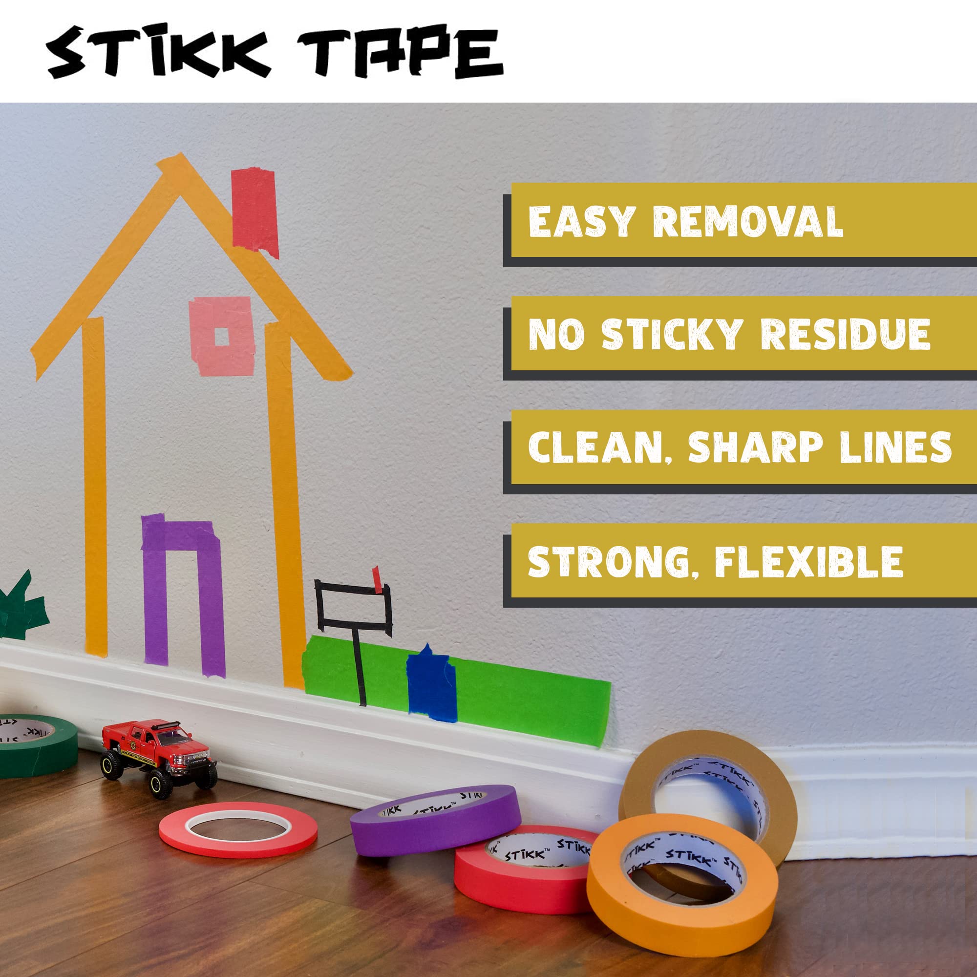 STIKK 4-Pack Yellow Painter's Tape - 2 Inch x 60 Yards - Residue-Free Masking Tape for Painting, Edges, Trim & Ceilings - Perfect for DIY Home Projects, Wall Art & Furniture Painting - Professional Grade Painting Tape for Clean Lines & Sharp Edges