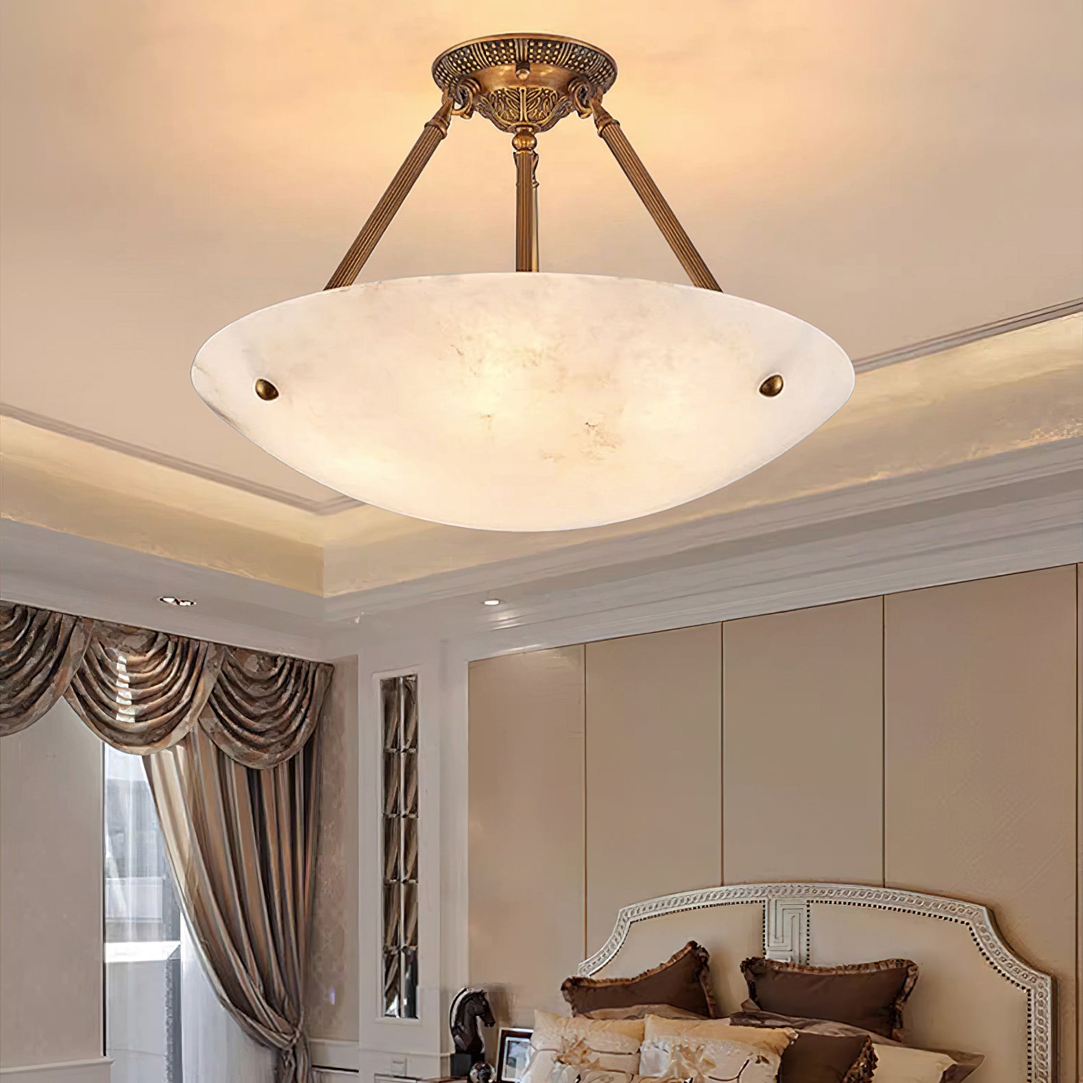 Alabaster Bowl Ceiling Light Fixture - Modern Handcrafted Stone Pendant Lamp for Dining Room, Living Room & Bedroom Lighting