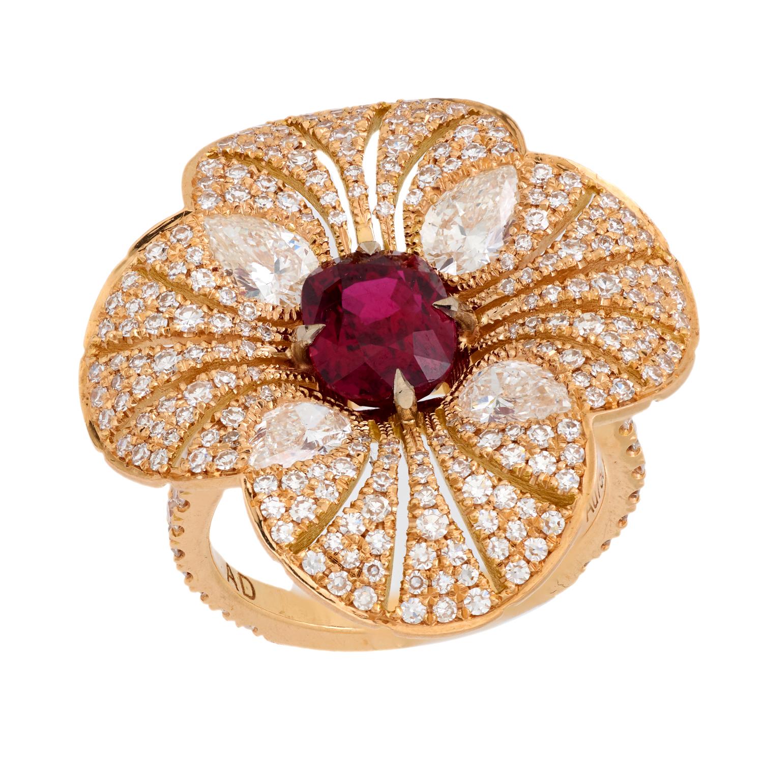 2.04 Carat GIA Certified Ruby & Diamond Flower Ring in 18K Rose Gold - Elegant Engagement, Wedding, Anniversary Jewelry Gift for Women
