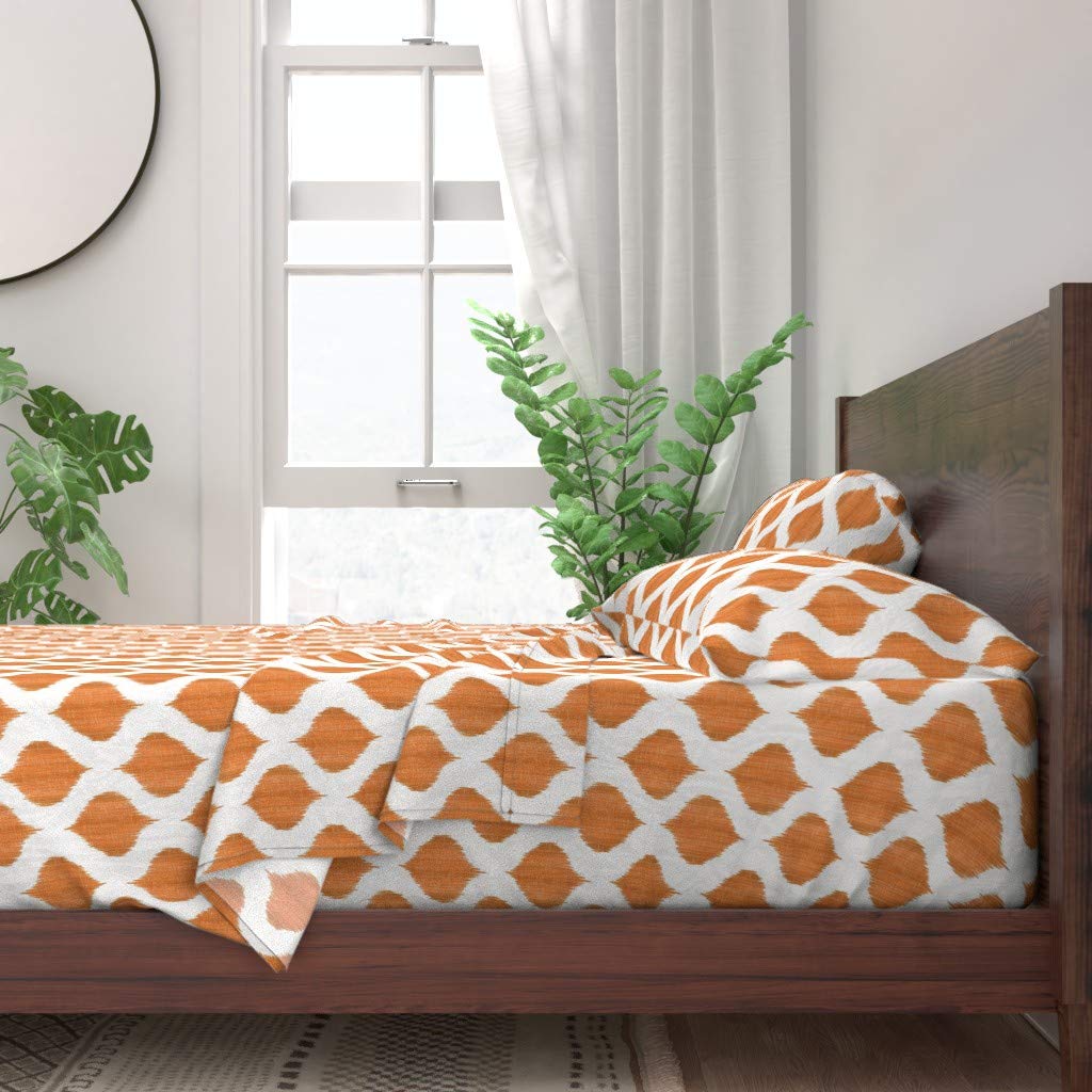 Spoonflower 100% Cotton Twin Sheet Set, 3-Piece Boho Bedding with Ikat Tangerine Orange & Moroccan Quatrefoil Ethnic Print - Perfect for Bohemian, Eclectic & Global Inspired Bedrooms