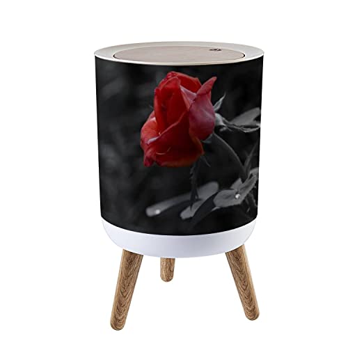 Small Trash Can with Lid - 1.8 Gallon (7L) Round Wastebasket with Wooden Legs in Red Rose & Black/White Design for Kitchen, Bathroom, Office | Odor Control & Space-Saving Solution