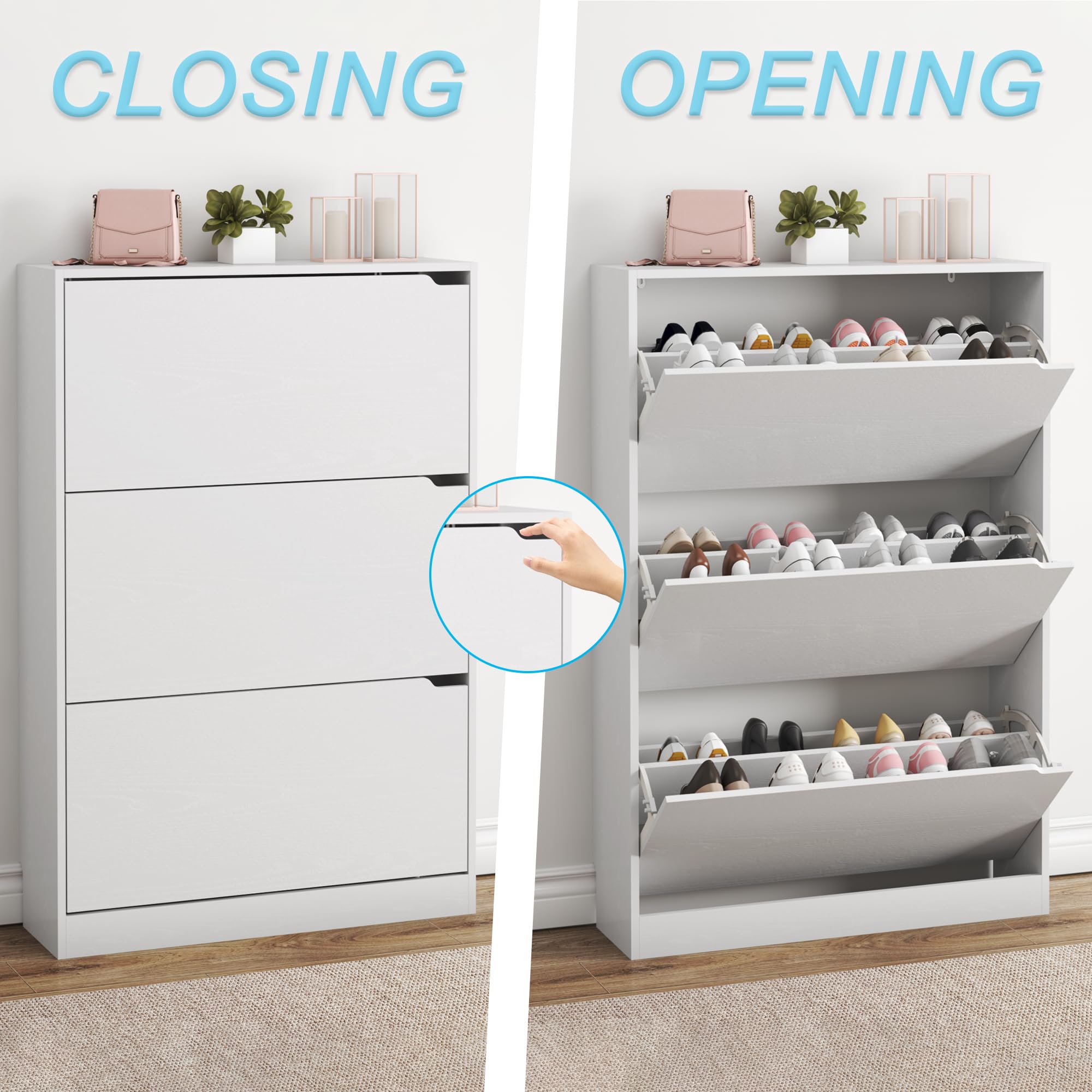 White Shoe Storage Cabinet with 3 Flip Drawers - Hidden Wooden Entryway Organizer (47.2