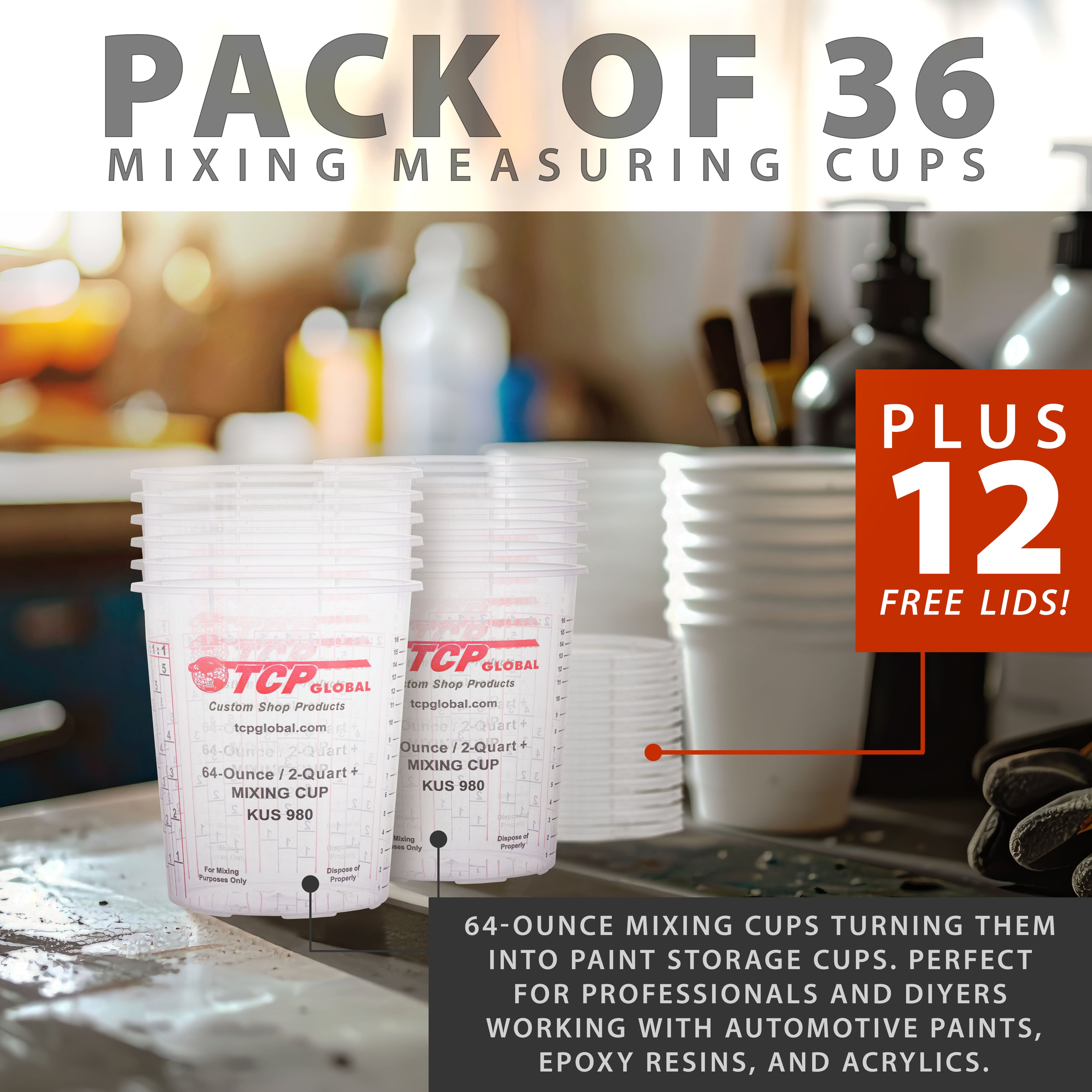 64oz Paint Mixing Cups (36 Pack) - Plastic Measuring Cups for Liquids, Automotive Painting, Epoxy Resin, Acrylic Arts & Crafts - Disposable/Reusable Graduated Containers with Mixing Ratios - Perfect for DIY Projects, Home Renovation & Professional Workshops