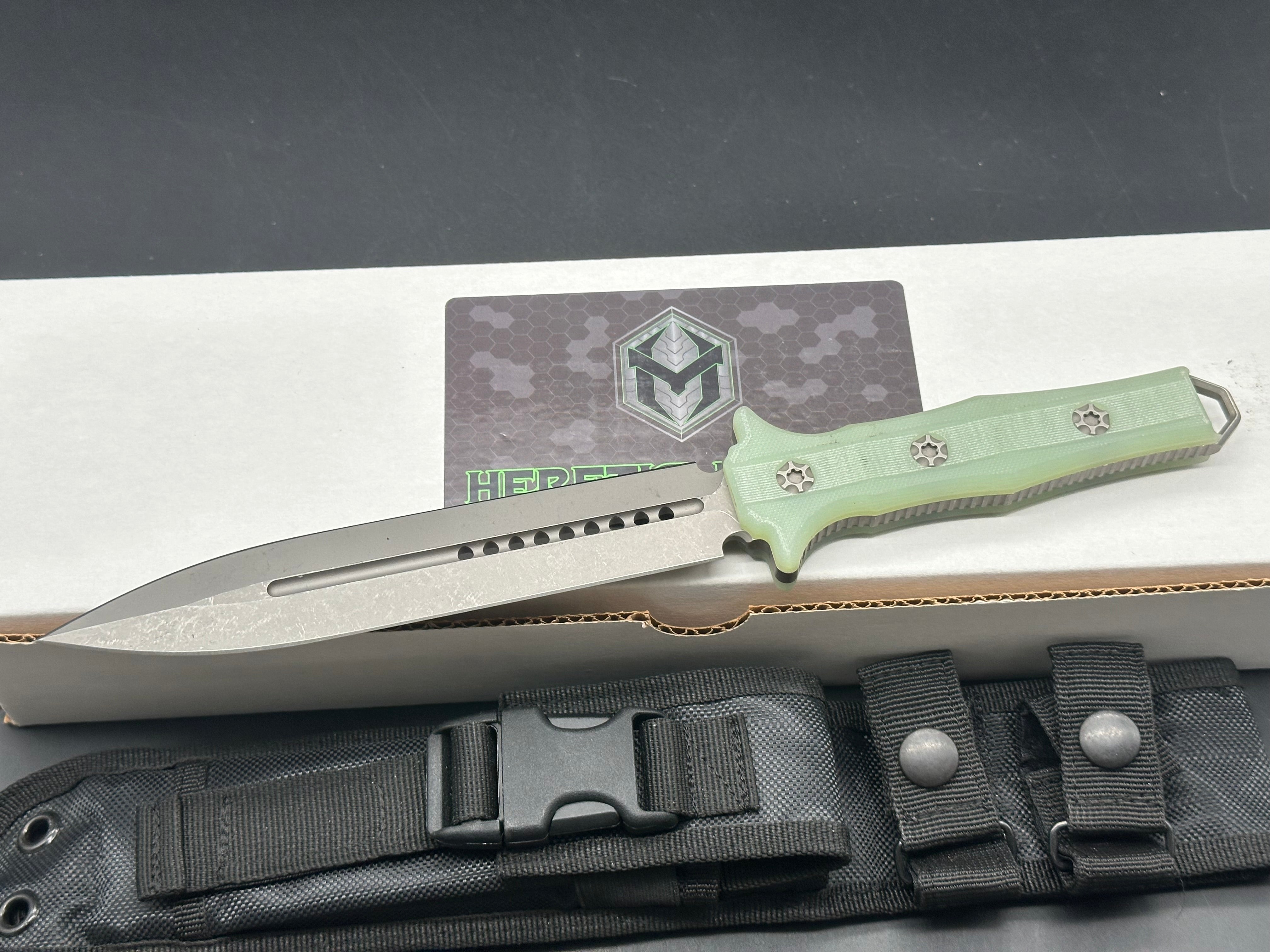 Heretic Knives Nephilim Fixed Blade Knife - Premium Natural Jade G10 Handle - Tactical Survival, Outdoor Camping & Hunting EDC Tool