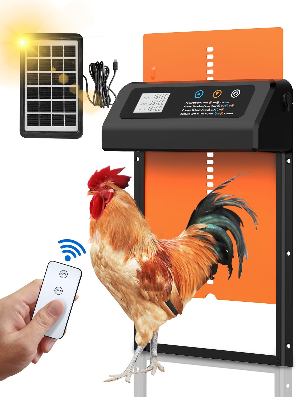 Solar Powered Automatic Chicken Coop Door with Timer - Anti-Pinch Safety Design, Durable Aluminum Construction, Solar Panel Charging (Black-Orange) | Perfect for Poultry Farming, Backyard Chicken Keeping & Secure Coop Access