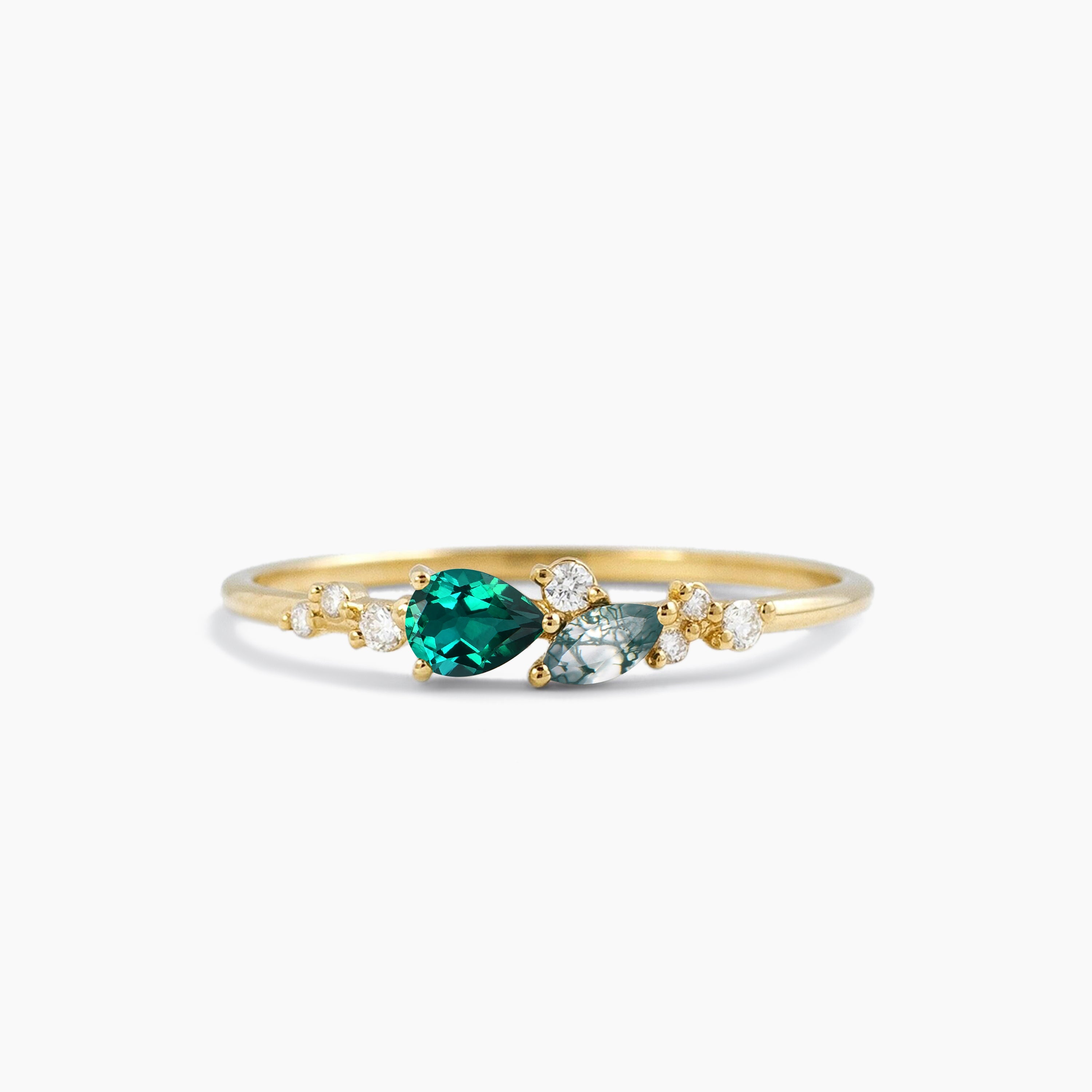 Pear Cut Emerald Marquise Moss Agate Diamond Cluster Engagement Ring for Women - Elegant Wedding, Proposal & Anniversary Jewelry Gift