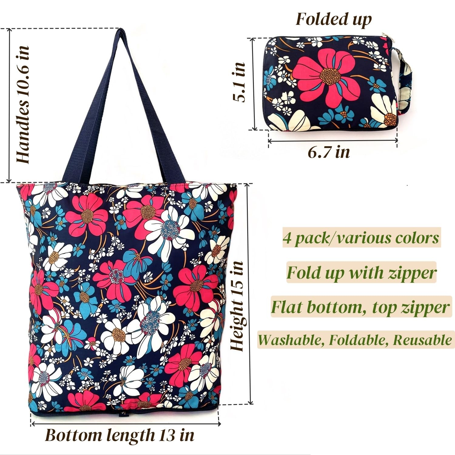 4 Pack Foldable Reusable Grocery Bags with Zipper - Floral Design Lightweight Durable Shopping Tote Bags Holds 50LBS - Perfect for Grocery Shopping, Farmers Market, Picnics & Travel