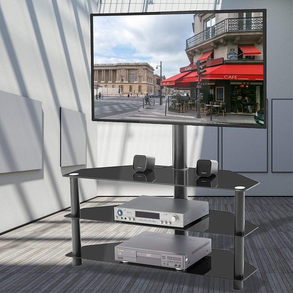 ZEROFEEL Swivel Floor TV Stand with Adjustable Bracket - Universal TV Stand for 32 to 65 Inch Flat/Curved Screens - 3-Tier Tempered Glass Shelves (Black) - Perfect for Living Room, Bedroom & Home Theater Setup