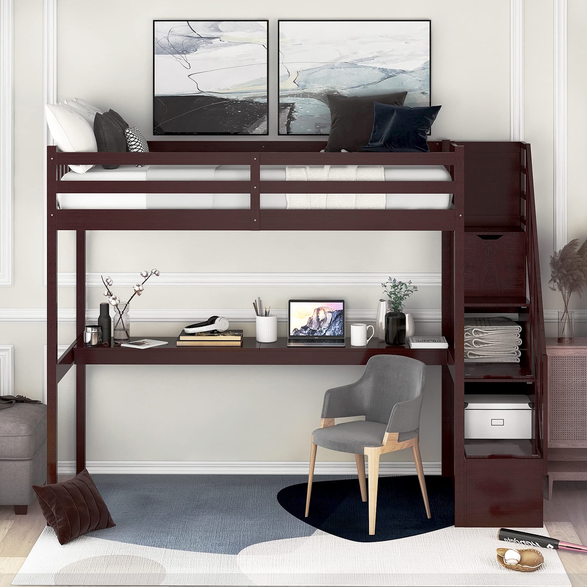 Harper & Bright Designs Twin Loft Bed with Staircase & Desk - Solid Wood Kids Bunk Bed Frame with Safety Guardrail - No Box Spring Required (Espresso, Twin Size) - Perfect for Small Bedrooms, Dorm Rooms & Kids' Sleepovers