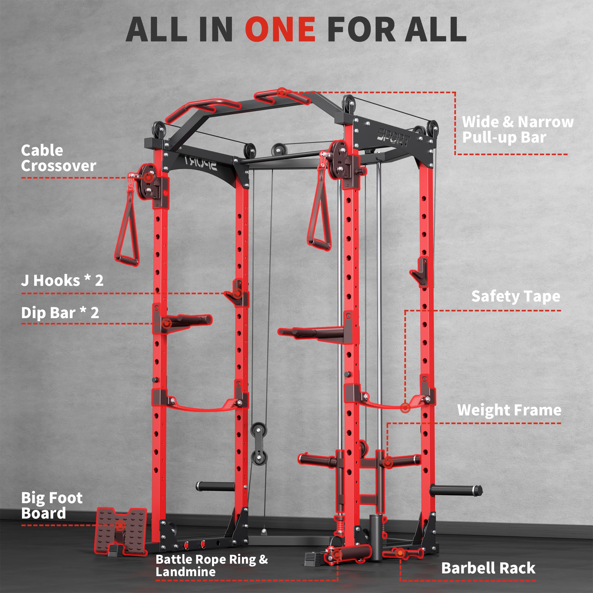 Heavy Duty Power Rack 1600LBS Capacity - Squat Rack with Cable Crossover & Pull-Up Bar - Multifunctional Home Gym Equipment with Attachments - Perfect for Strength Training & Full-Body Workouts at Home