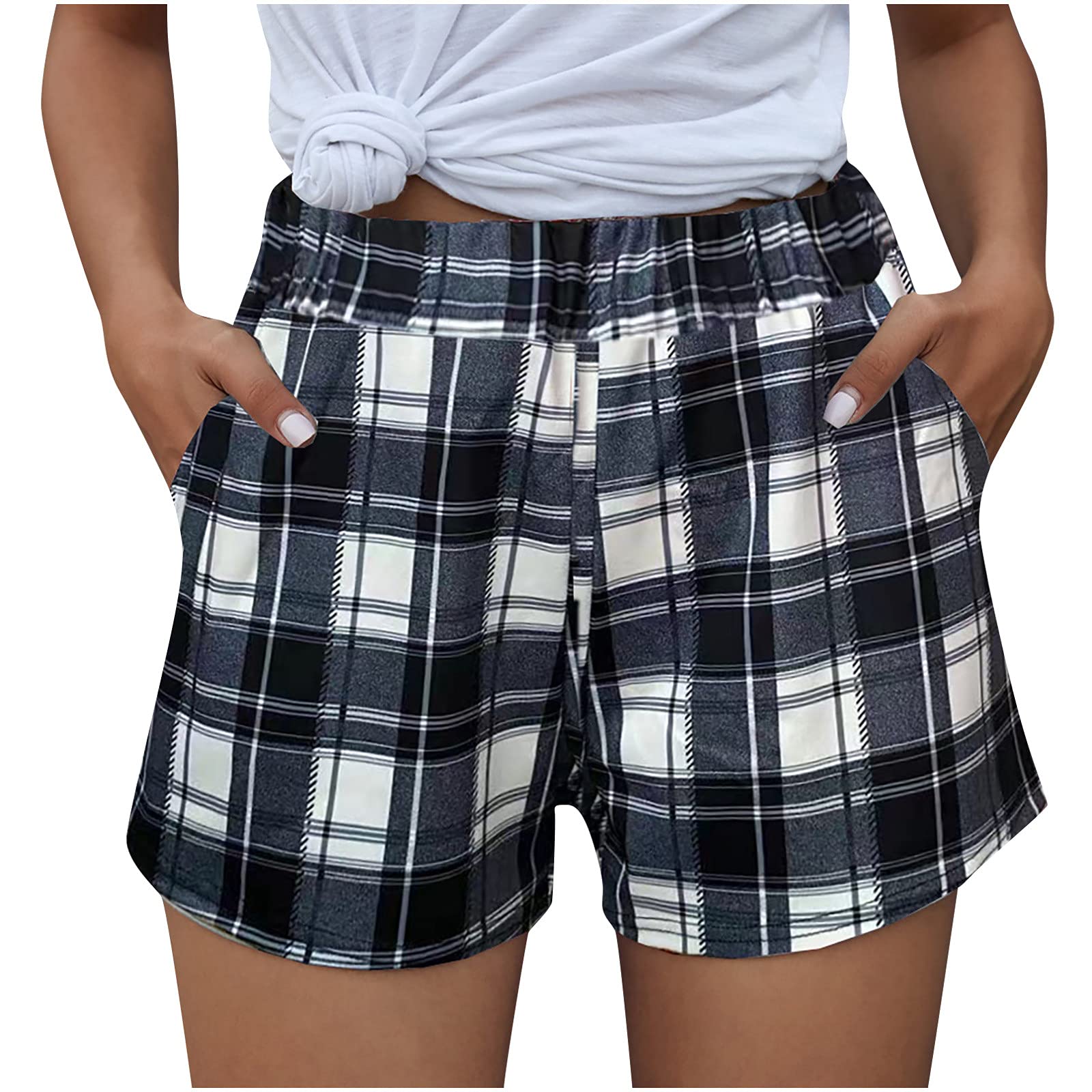Women's Casual Plaid Cotton Shorts - Elastic Waist Lounge Shorts with Pockets | Comfy Summer Hot Pants for Beach, Yoga, and Relaxing at Home