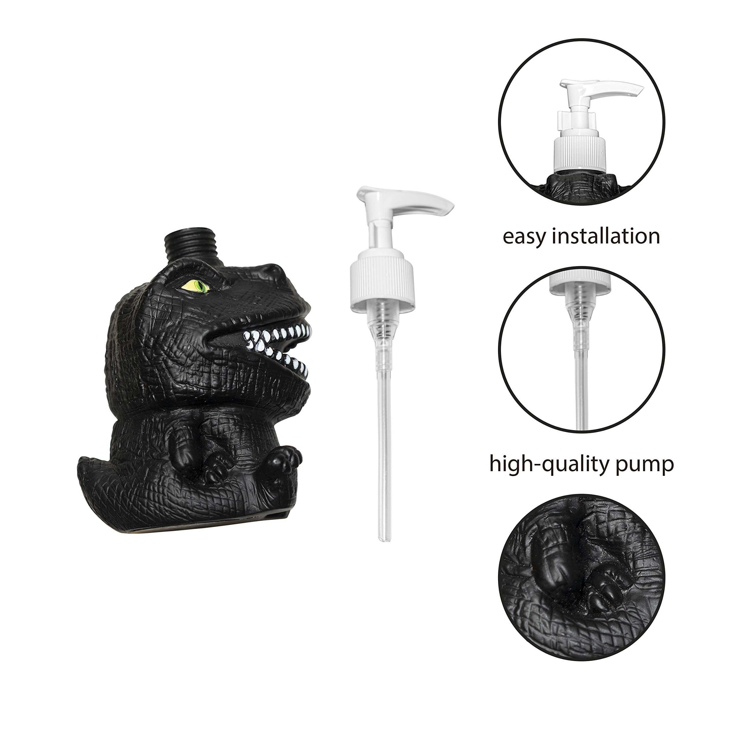 GoFika Refillable Dinosaur Hand Soap Dispenser - 11.8oz Pump Bottle for Lotion, Shampoo & Sanitizer - Cute Animal Design for Kids & Adults - Perfect for Kitchen, Bathroom & Nursery Decor (Black)