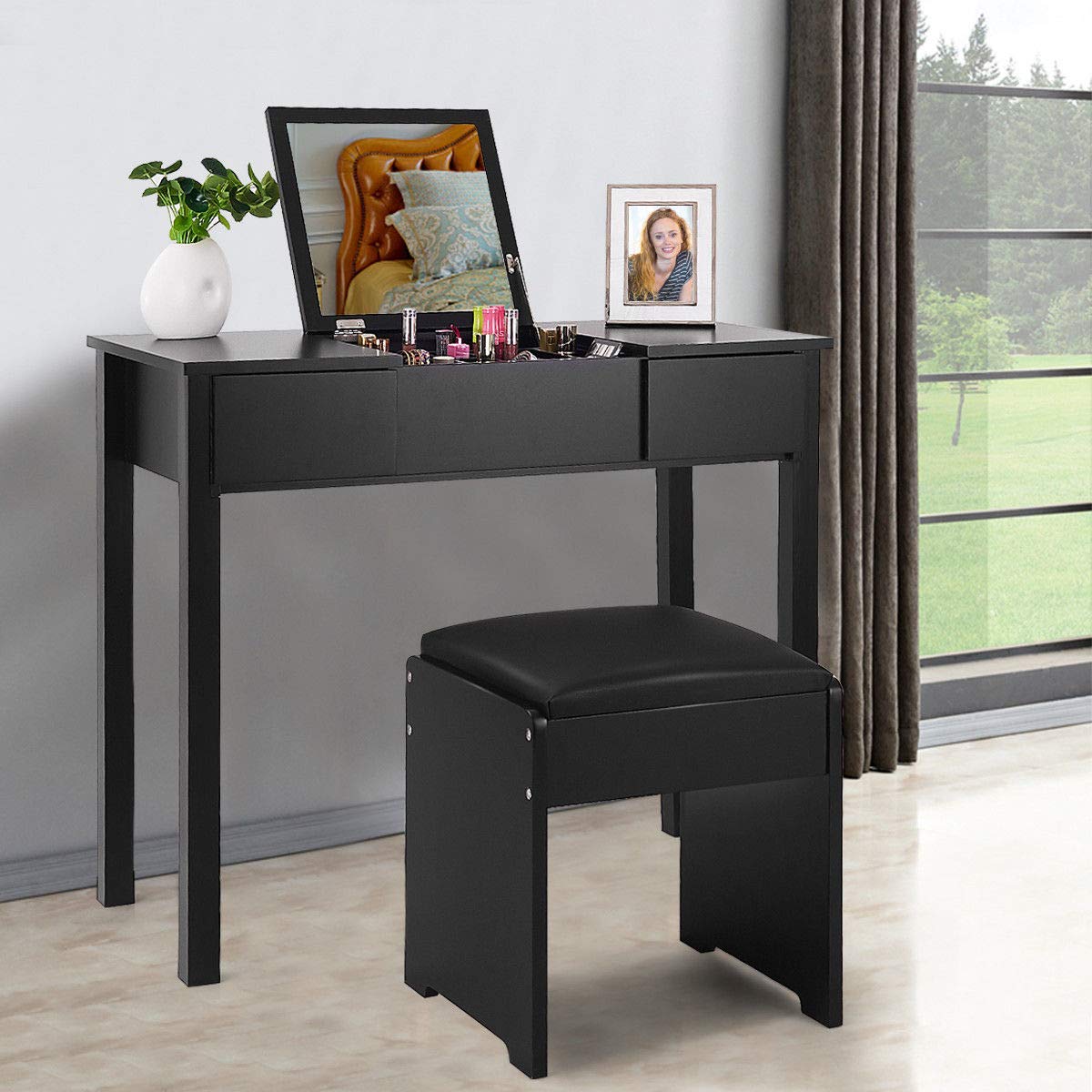Casart Black Bathroom Vanity Dressing Table with Flip Top Mirror, 2 Drawers & 3 Removable Organizers - Perfect for Makeup, Skincare & Jewelry Storage in Bedroom or Bathroom