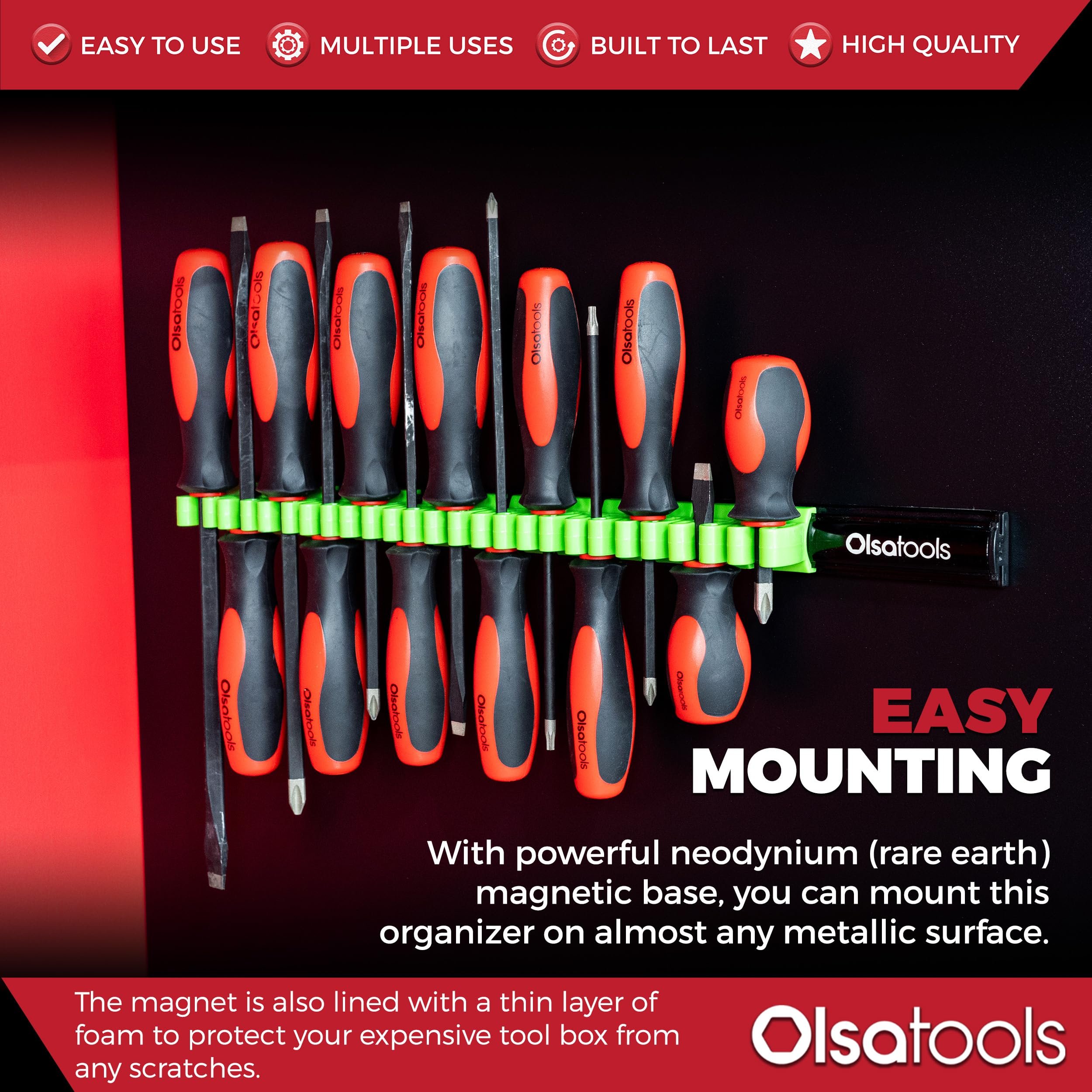 Olsa Tools Magnetic Screwdriver Holder - Heavy Duty 16 Slot Tool Organizer for Mechanics & DIY | Black & Green Workspace Organizer | Perfect for Garage, Workshop & Toolbox Organization