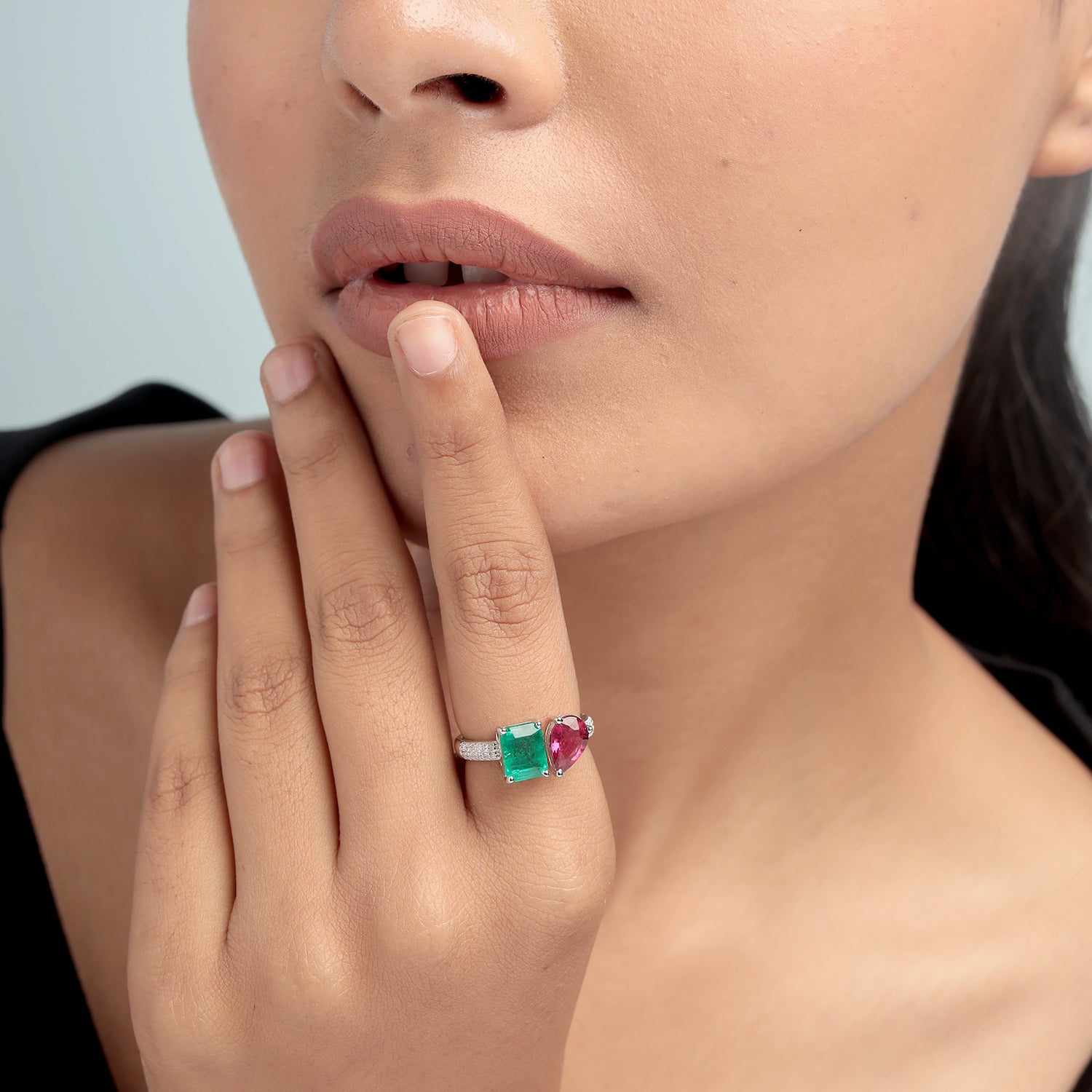 Emerald Cut Emerald and Pear Cut Ruby Pave Diamond Bypass Ring in 14K White Gold - Elegant Bridal Jewelry for Engagement, Wedding & Anniversary Gifts