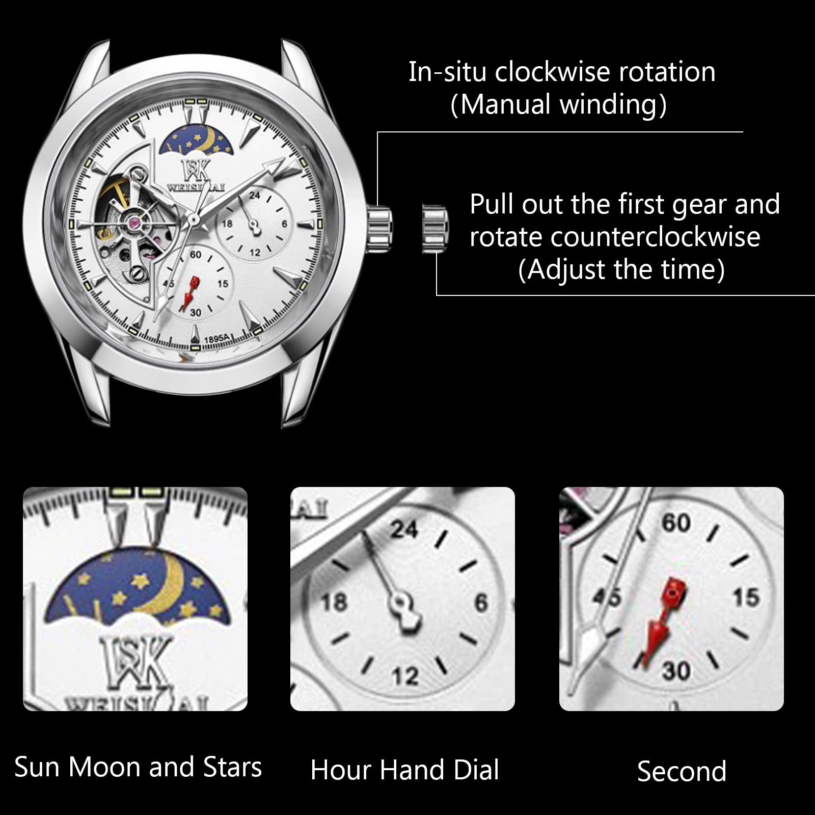 RORIOS Men's Automatic Mechanical Watch with Luminous Hands & Moon Phase - Stainless Steel Strap Dress Watch for Business, Formal Occasions & Everyday Wear