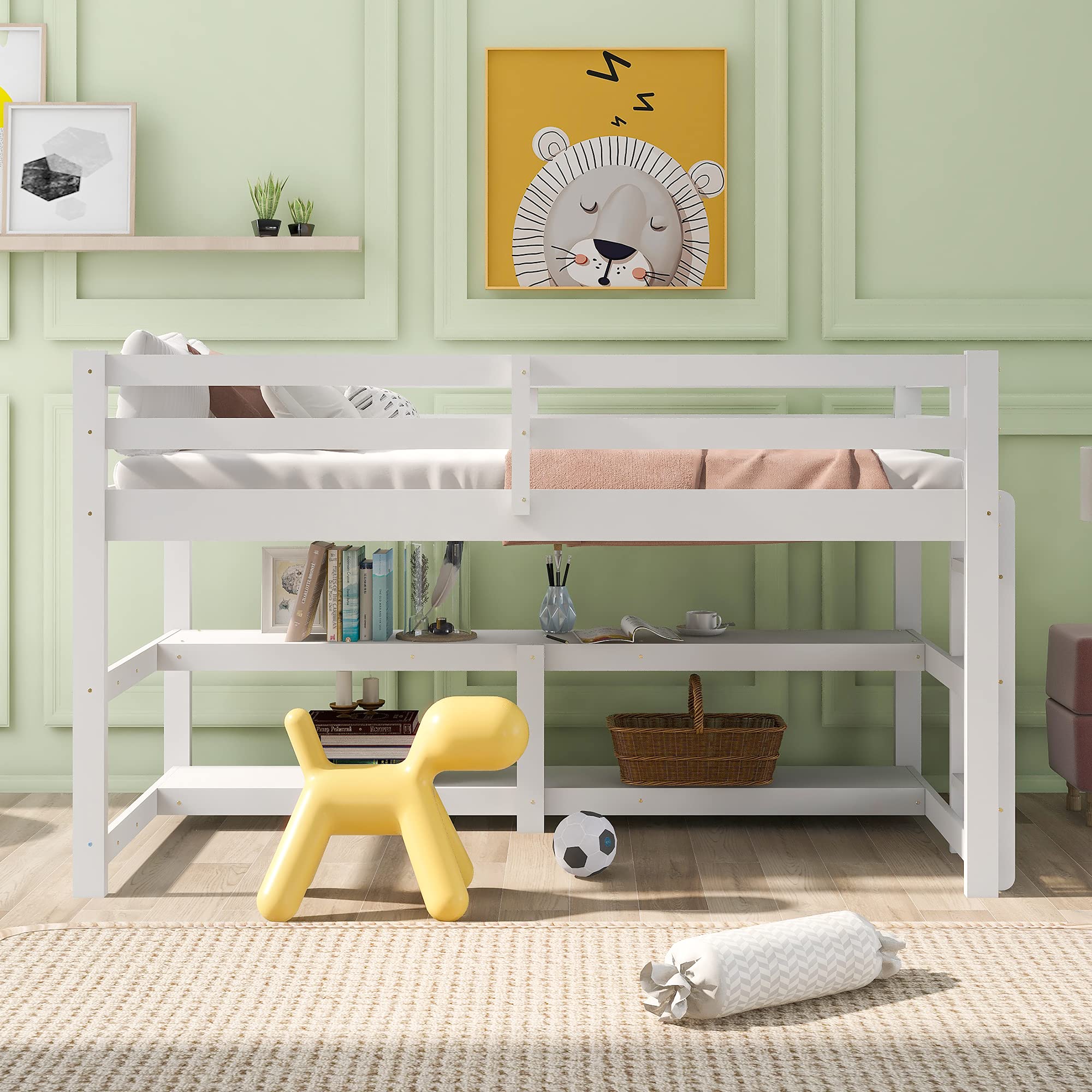 **LZ LEISURE ZONE Twin Size Wood Loft Bed with Shelves – Sturdy Low Loft Bed Frame for Kids & Teens – No Box Spring Needed – Perfect for Small Spaces & Dorm Rooms (White, Twin Loft)**