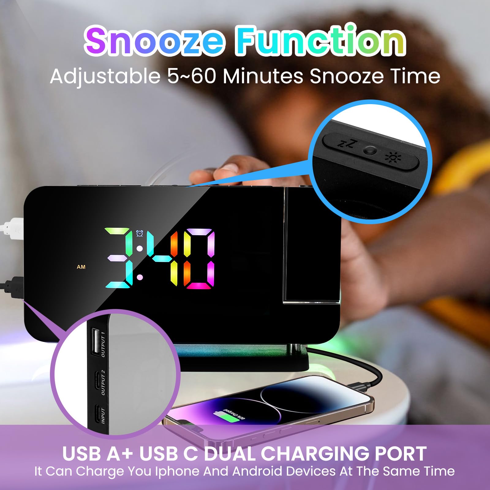 Digital Projection Alarm Clock with 180° Rotatable LED Mirror Display - RGB Night Light, USB Charger, Auto Dimmer, FM Radio & Snooze Function - Perfect for Bedrooms, Home Office & Travel (Black)