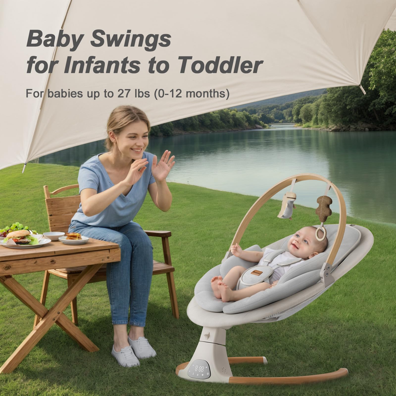 Monamii Bluetooth Baby Swing with Music Speaker - 5 Speed Adjustable, Remote Control, Portable Infant Swing for Indoor & Outdoor Use - Perfect for Newborns & Toddlers (Beige) - Ideal for Nursery, Travel & Playtime