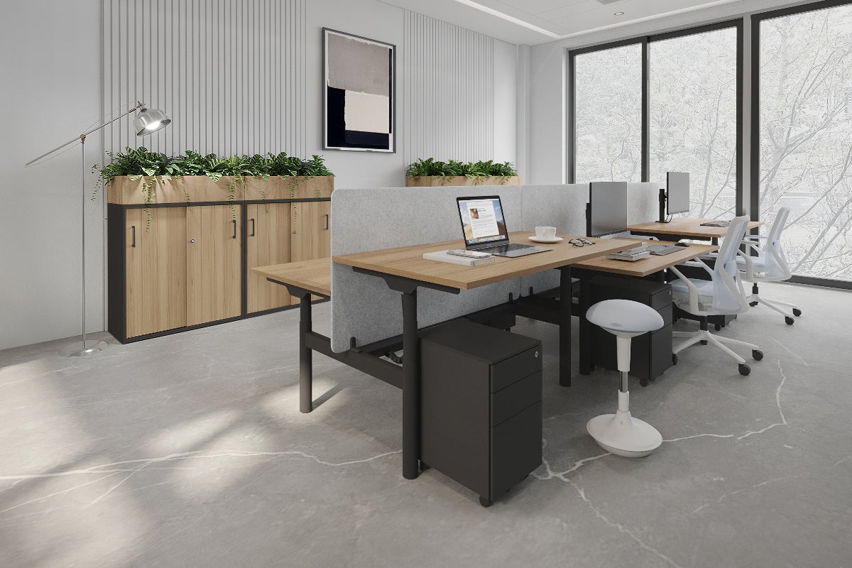 Flexi Premium Height Adjustable 6-Person H Bench Workstation - Black Frame [1600L x 700W] - Ideal for Office, Coworking Spaces & Home Offices