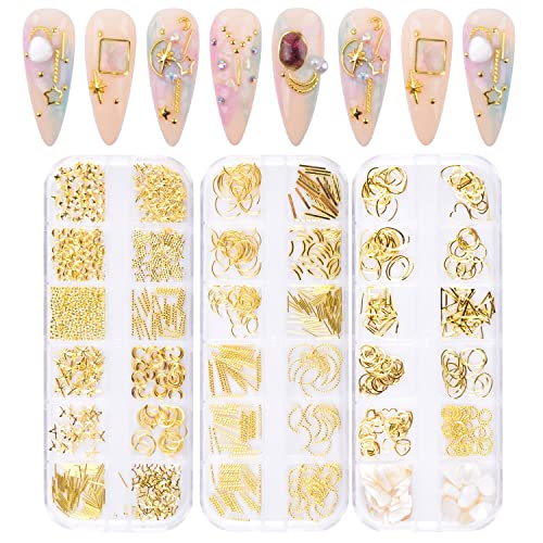 **Katfan 3D Metal Nail Art Studs & Charms - Punk Star, Moon, Heart, Triangle, Shell Rivet, Hollow Nail Jewels for Women (3 Sets) | DIY Manicure & Nail Decoration Accessories for Parties, Weddings & Special Occasions**