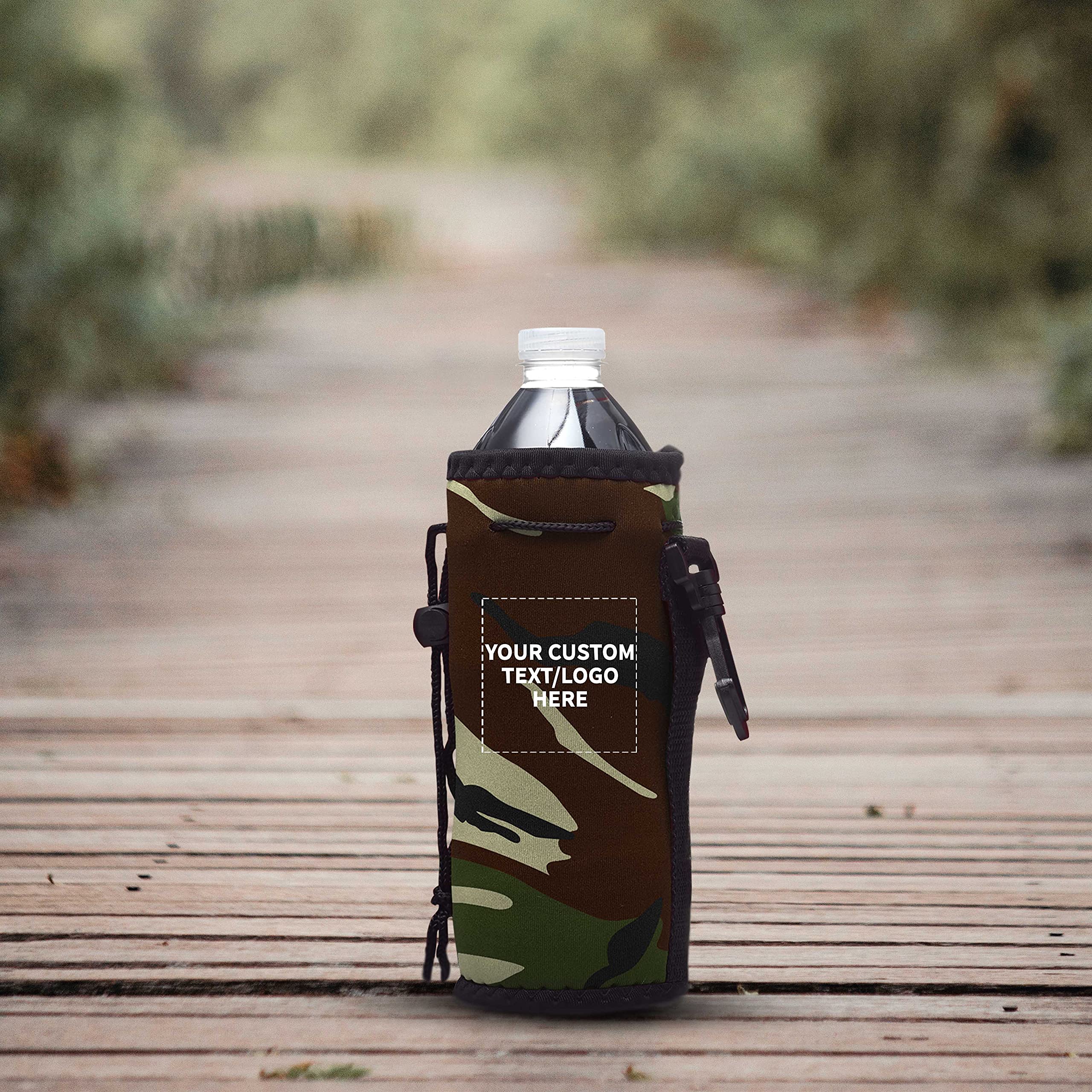 50 Pack Neoprene Water Bottle Insulators with Drawstring - Custom Text & Logo Printing - Fits 12 oz Longneck Bottles - Camouflage Design - Perfect for Outdoor Adventures, Sports Events & Corporate Gifts