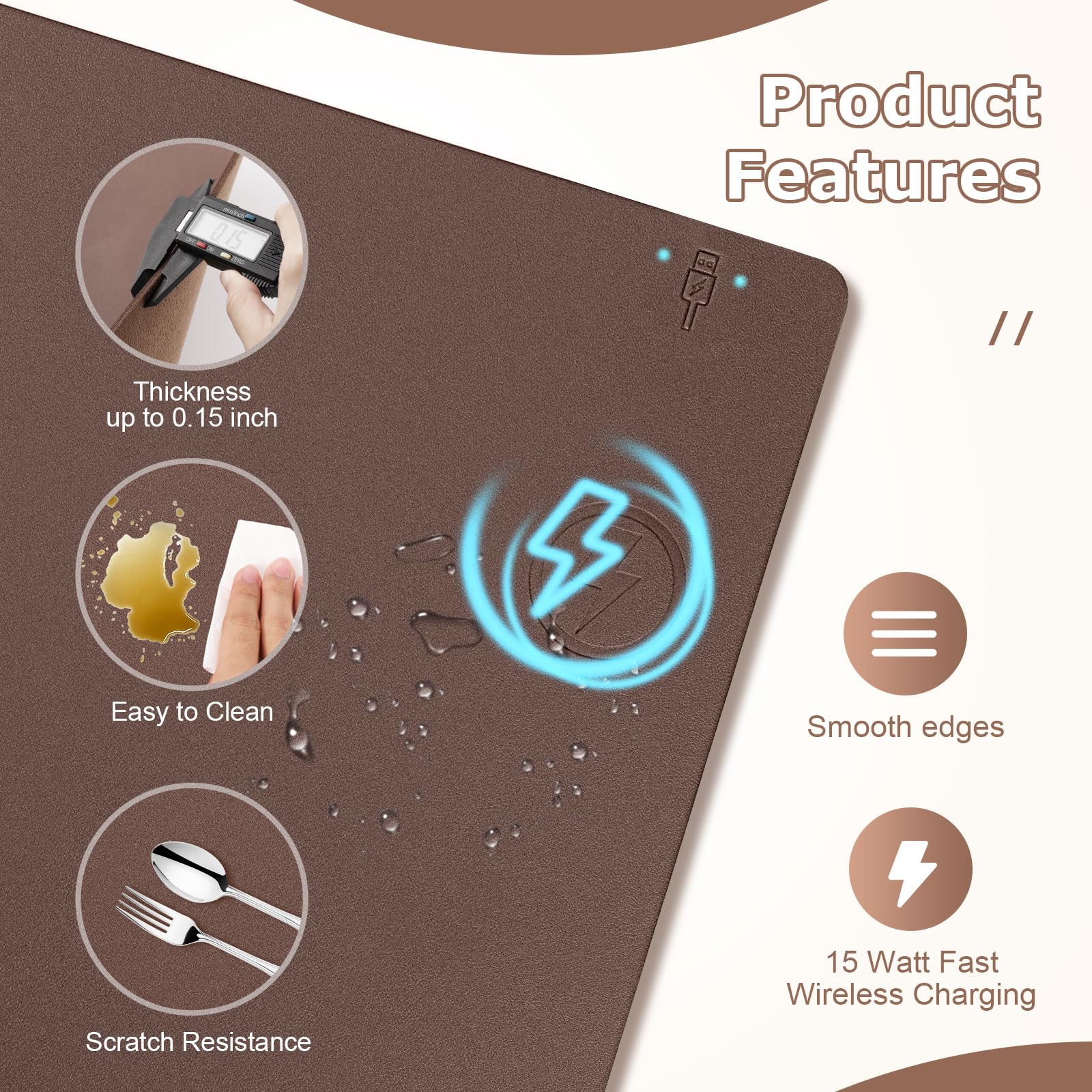 Firelison 2-in-1 Wireless Charging Mouse Pad - Leather Desk Mat with Non-Slip Rubber Base, Waterproof Office Desk Pad for Computer Work (32