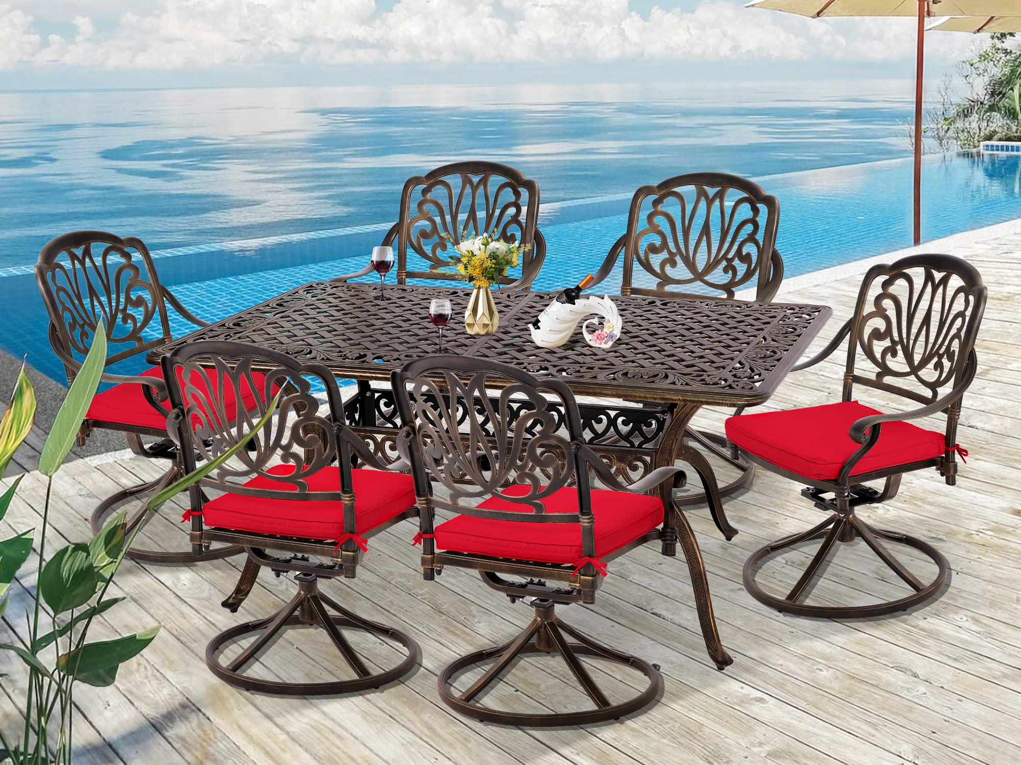 Grepatio 2-Piece Patio Swivel Dining Chairs Set with Cushions - Outdoor Cast Aluminum Rocking Chairs for Garden, Backyard, Poolside - Comfortable Metal Furniture with Red Cushions (Perfect for Lounging, Entertaining & Outdoor Dining)