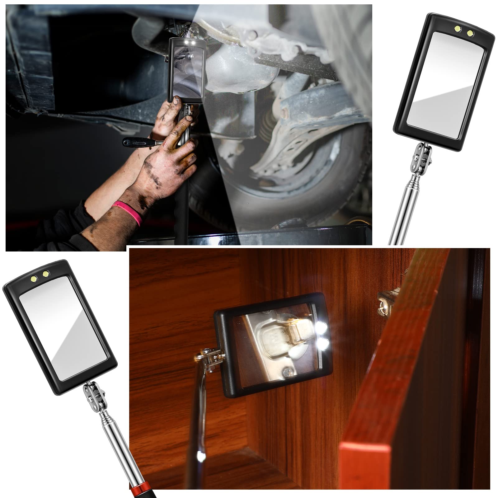 3-Piece Telescoping Inspection Mirror Set - Round, Square & Oval Mirrors with LED Light for Vehicle, Eyelash, and Small Parts Inspection | Perfect for Mechanics, Cosmetologists & DIY Enthusiasts