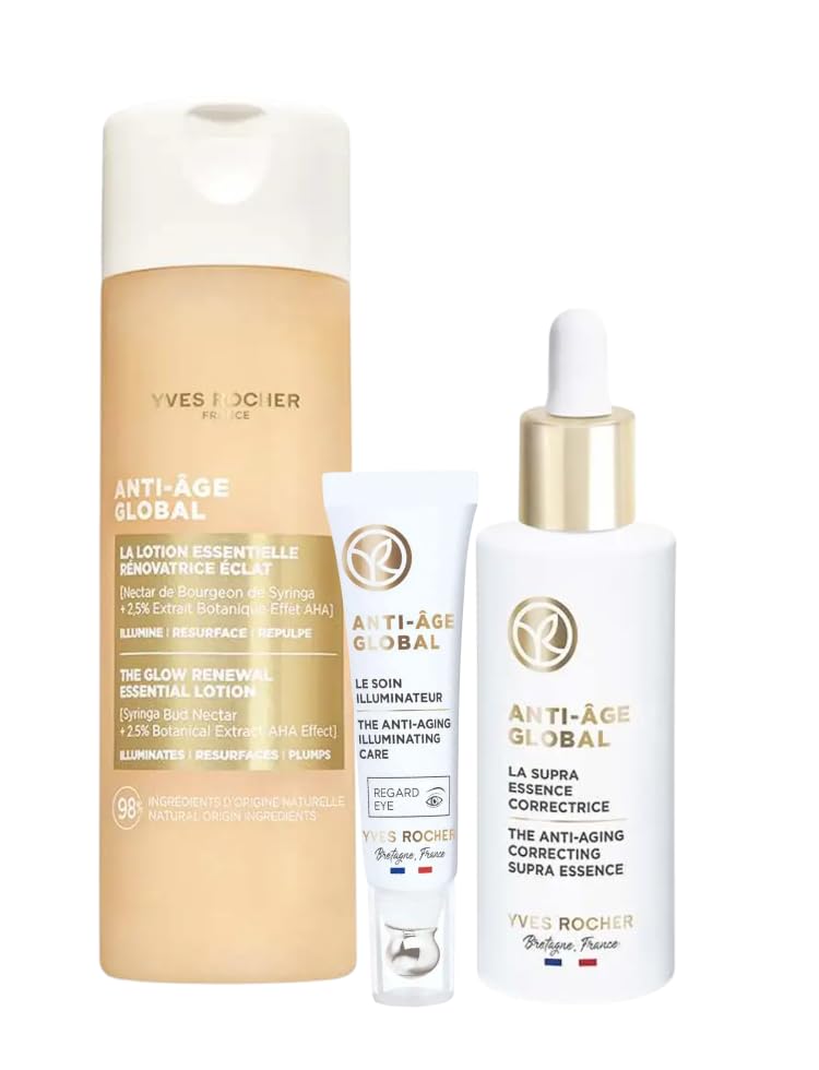 Yves Rocher Anti-Aging Skincare Set - Global Radiance Activator Lotion, Hydrating Face Cream & Eye Serum (122ml + 50ml + 15ml) | Moisturizing & Brightening Treatment for Mature Skin | Perfect for Daily Skincare Routine & Nighttime Regimen
