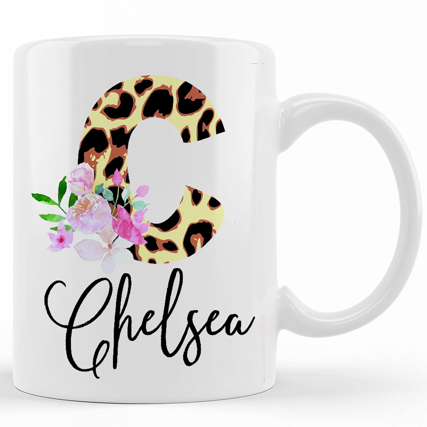 Personalized Leopard Print Coffee Mug with Floral Design - Custom Name Ceramic Tea Cup - Trendy Gift for Her, Coffee Lover - Perfect for Office, Home & Gifts - Novelty Coffee Mug for Birthday, Anniversary & Holidays