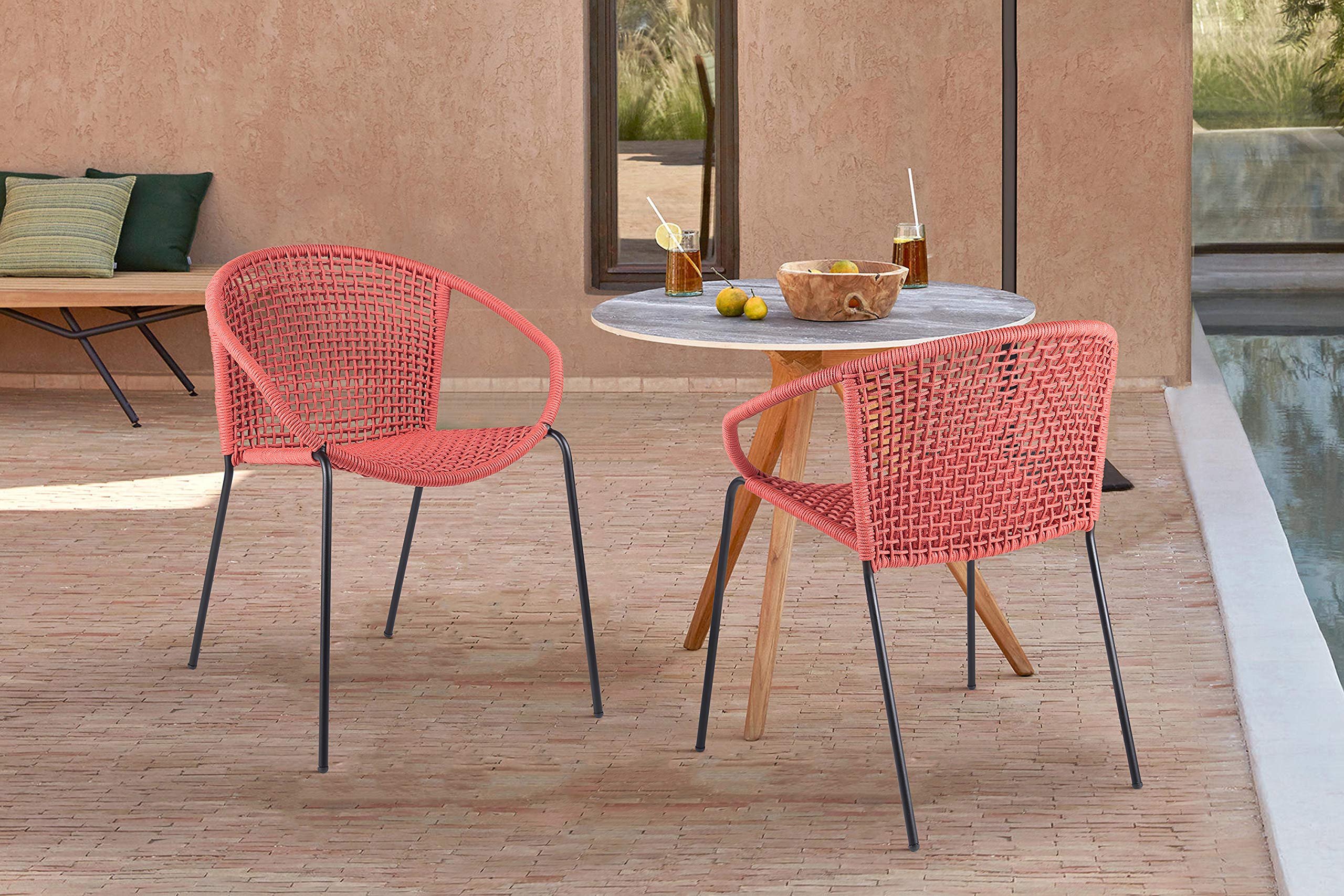 Armen Living Modern Stackable Steel Dining Chair Set of 2 - Indoor Outdoor Patio Furniture with Brick Red Rope - Perfect for Backyard, Garden & Small Space Dining