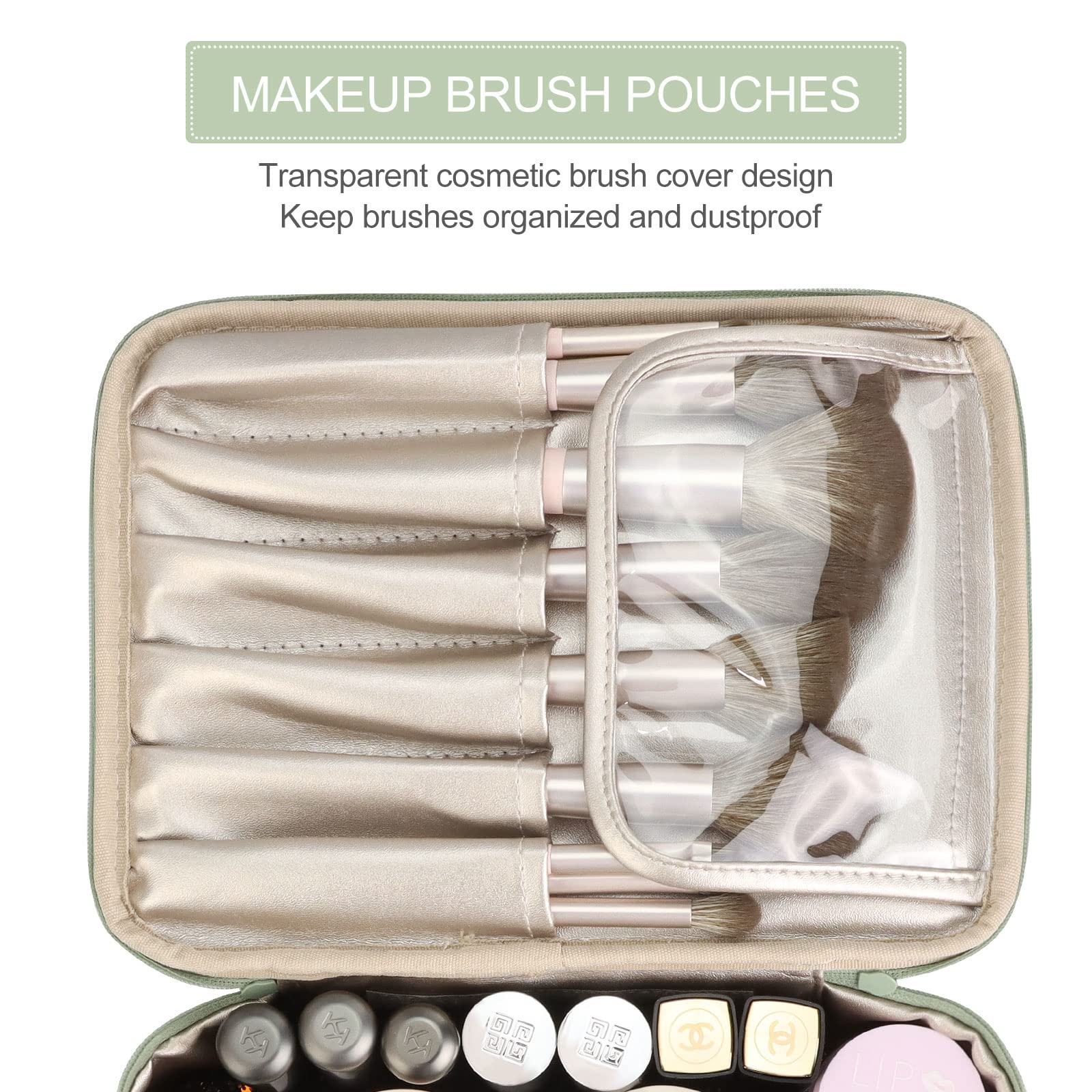 Pocmimut 2-in-1 Waterproof Makeup & Jewelry Travel Organizer Bag for Women - Cosmetic Case with Brush Holder for Earrings Necklaces Bracelets (Green) - Perfect for Travel, Gym, and Daily Cosmetics Storage