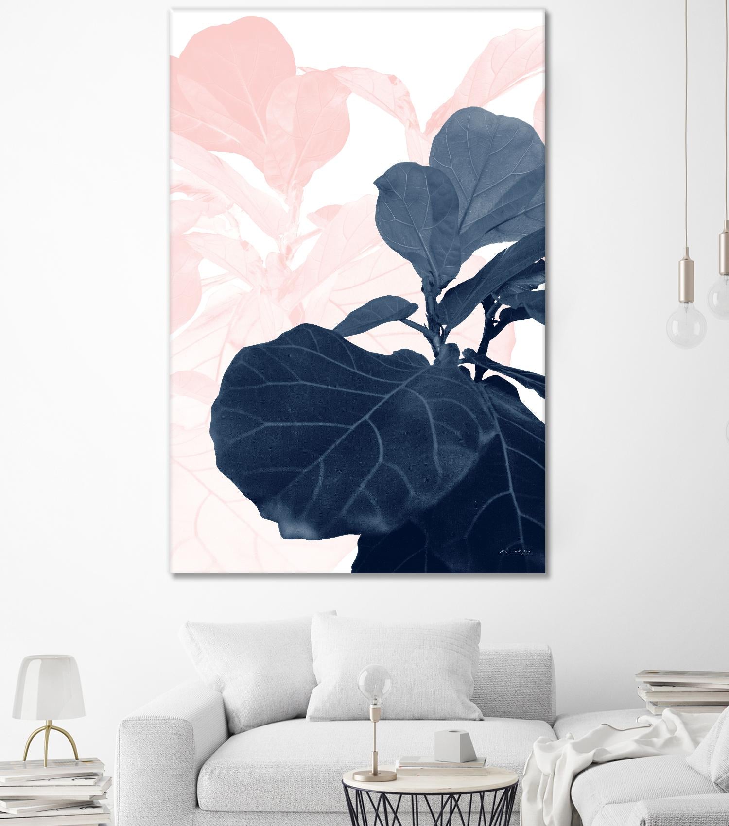 Blush Blue Fiddle Leaf Dream Tropical Wall Art - Modern Botanical Decor for Living Room, Bedroom & Office