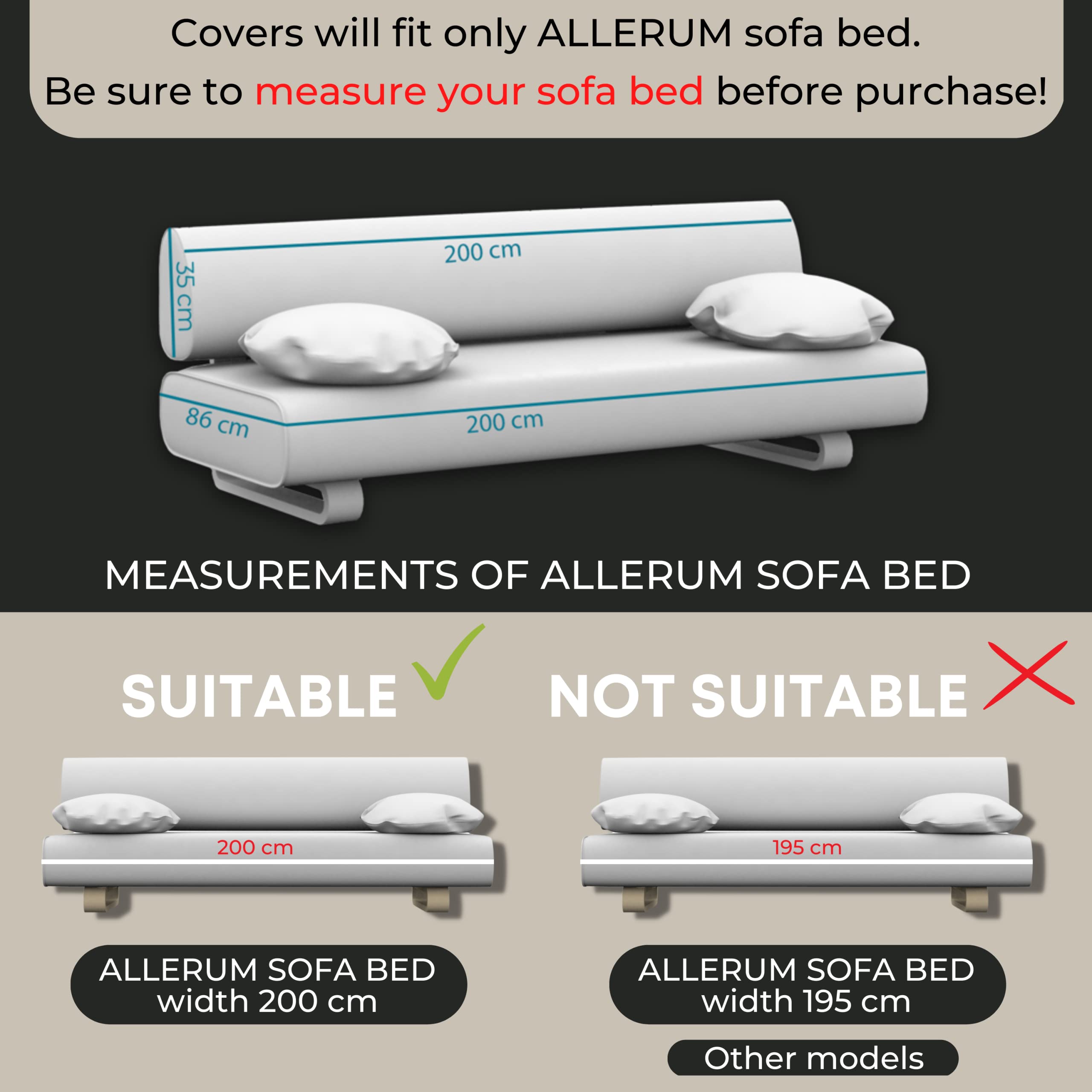 Allerum Sofa Bed Cover - Heavy Duty 4-Piece Replacement Slipcover with Stain & Pet Resistant Nano-Tech Fabric - Easy to Clean & Install - Cashmere Blend Anthracite - Perfect for Living Room, Guest Room & Pet-Friendly Homes