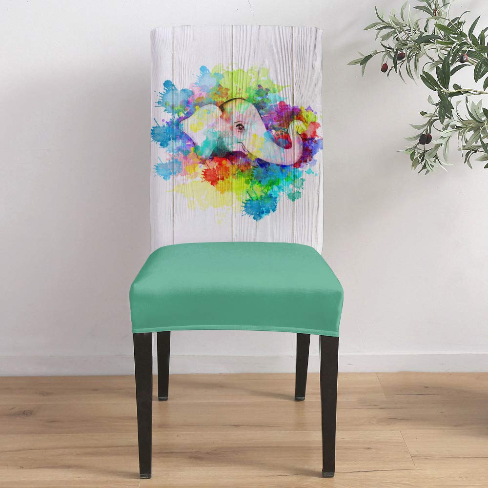 Stretch Washable Watercolor Painting Chair Covers Set of 8 - Super Fit Removable Dining Chair Slipcovers for Party, Wedding & Home Decor - Multicolor Pigment Elephant Design with Wood Grain Background - Perfect for Dining Rooms, Events and Home Protection