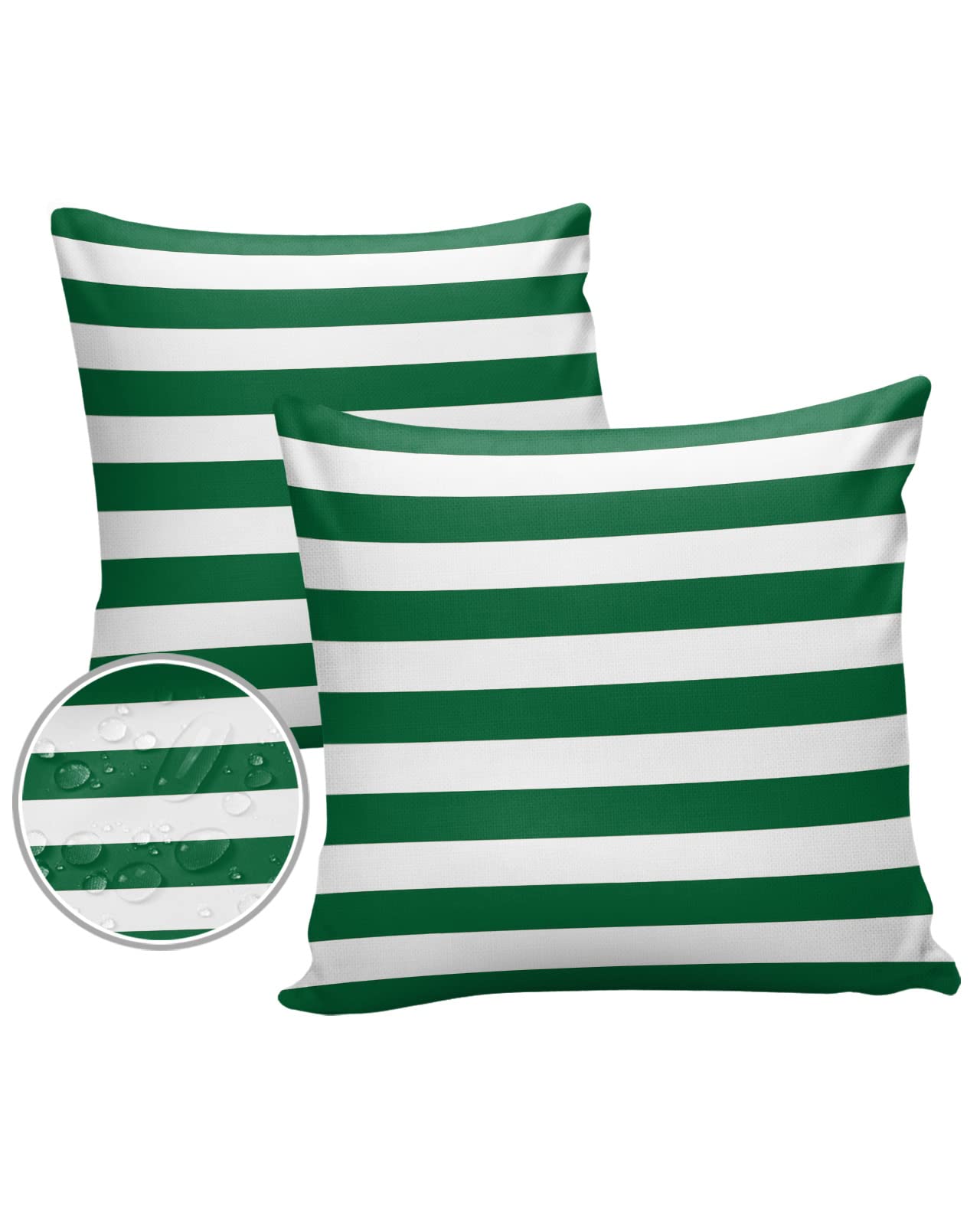 Waterproof Outdoor Pillow Covers Set of 2 - 24x24 Inch Green & White Striped Decorative Throw Pillowcases for Patio Furniture, Sofa, Couch & Chair - Christmas Home Decor - Perfect for Outdoor Use, Living Room & Seasonal Holiday Styling