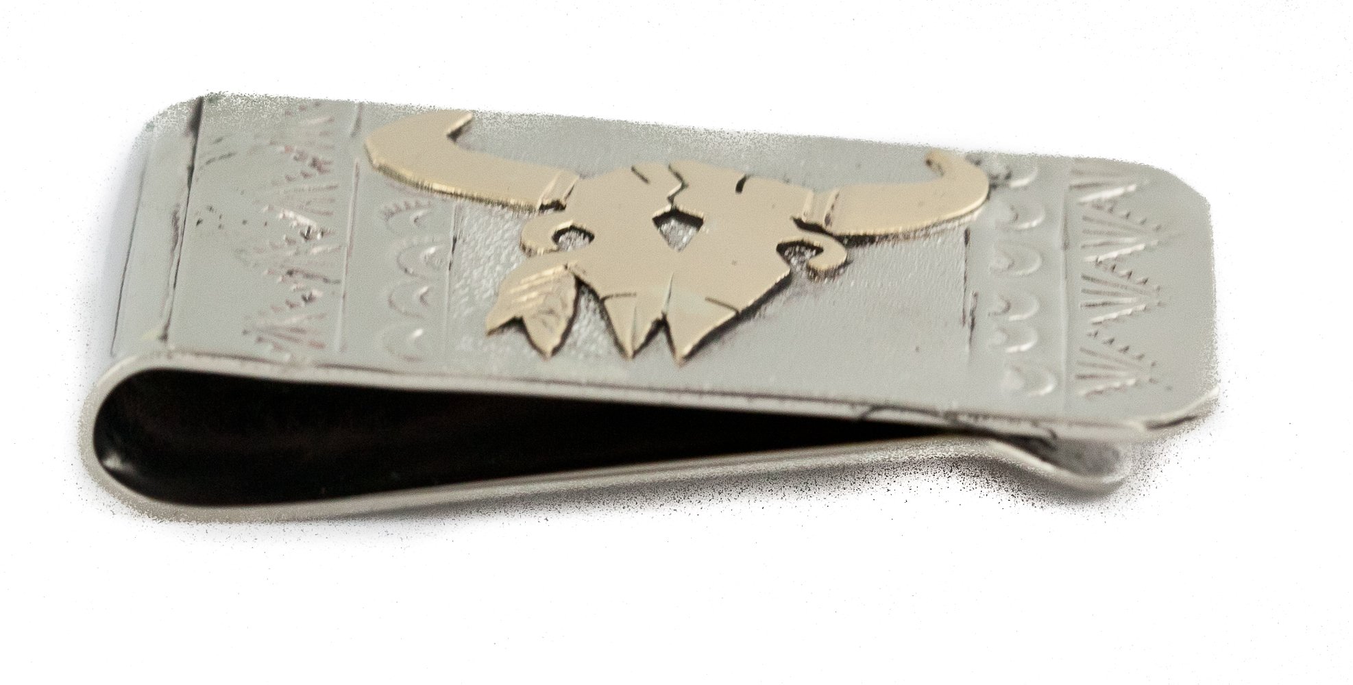 Certified 12kt Gold Filled Silver Bull Skull Navajo Native American Money Clip - Handmade by Loma Siiva - Perfect for Gifts, Western Fashion & Cash Organization