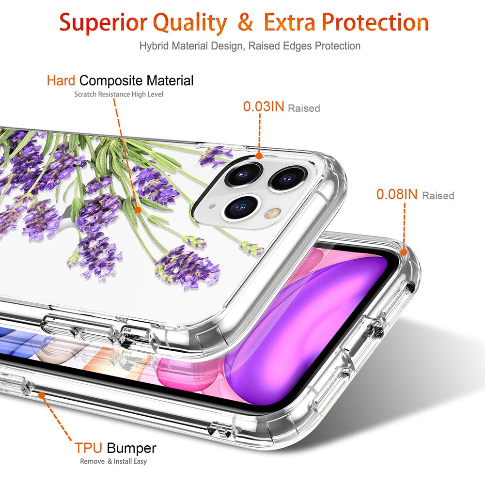 GiiKa Clear Floral Shockproof Hard PC Case with TPU Bumper & Screen Protector for iPhone 11 Pro Max | Protective Phone Cover for Women | Perfect for Everyday Use, Work & Travel - Purple Flowers Design