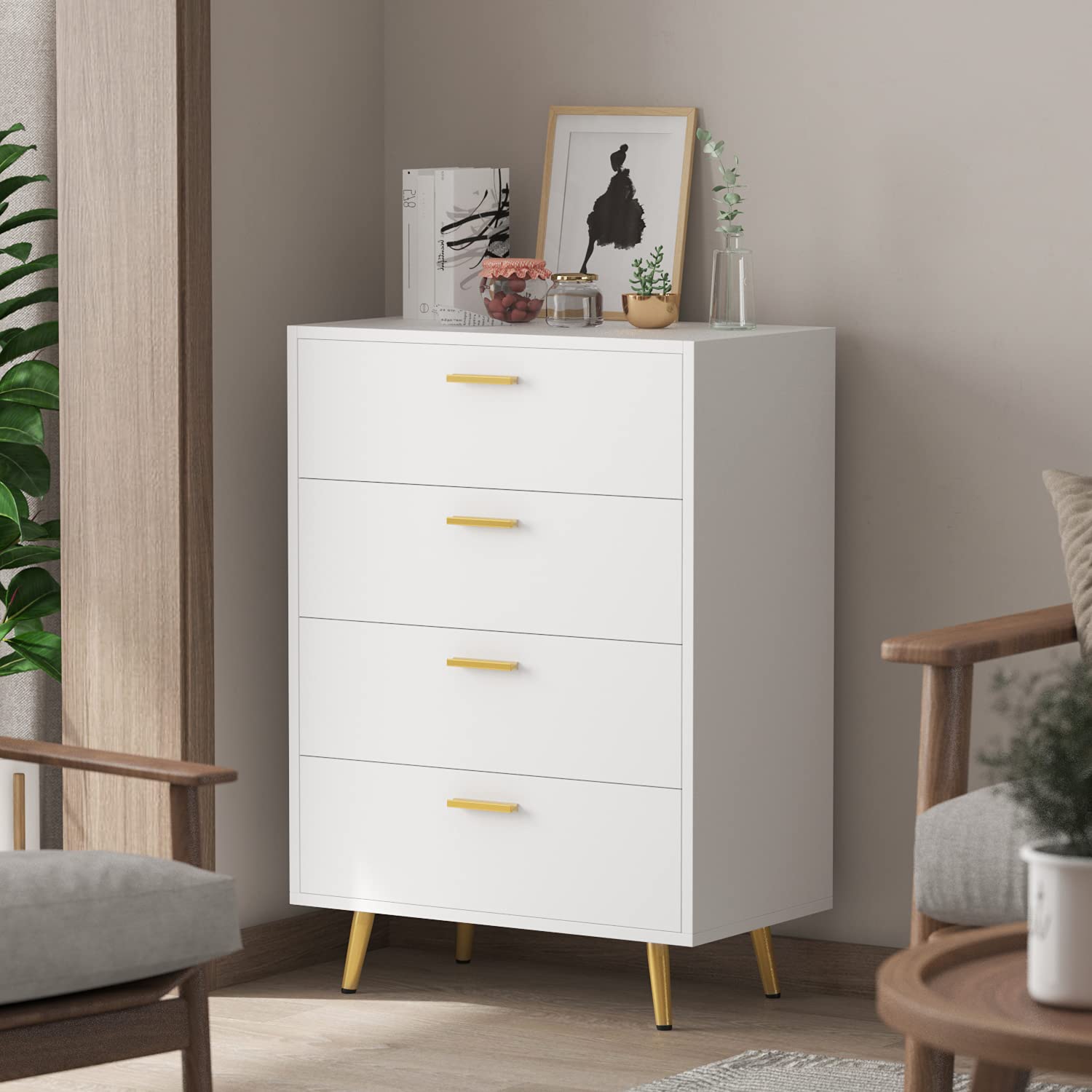 FUFU&GAGA 4-Drawer Storage Cabinet Dresser - Modern White Chest of Drawers with Metal Legs - Bedroom, Living Room, Closet Organizer (15.6
