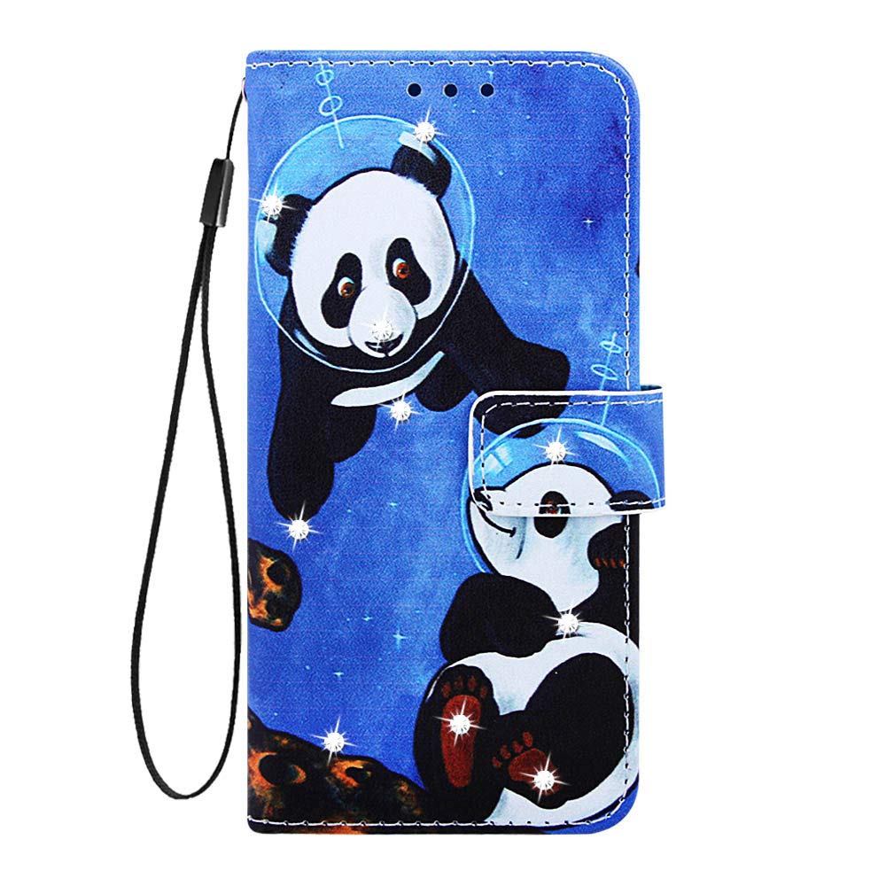 Fatcatparadise Retro Flip Case for Xiaomi Redmi 7A with Tempered Glass Screen Protector & Kickstand - Sparkly Diamonds PU Leather Wallet Protective Cover (Panda 3) - Perfect for Daily Use, Travel & Gift Giving