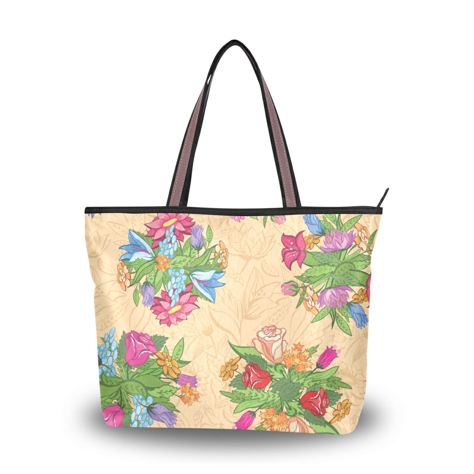 Bright Flowers Tote Bag for Women - Large Capacity Zippered Grocery Bag with Aesthetic Design, Perfect for Shopping, Beach & Daily Use (2 Sizes Available)