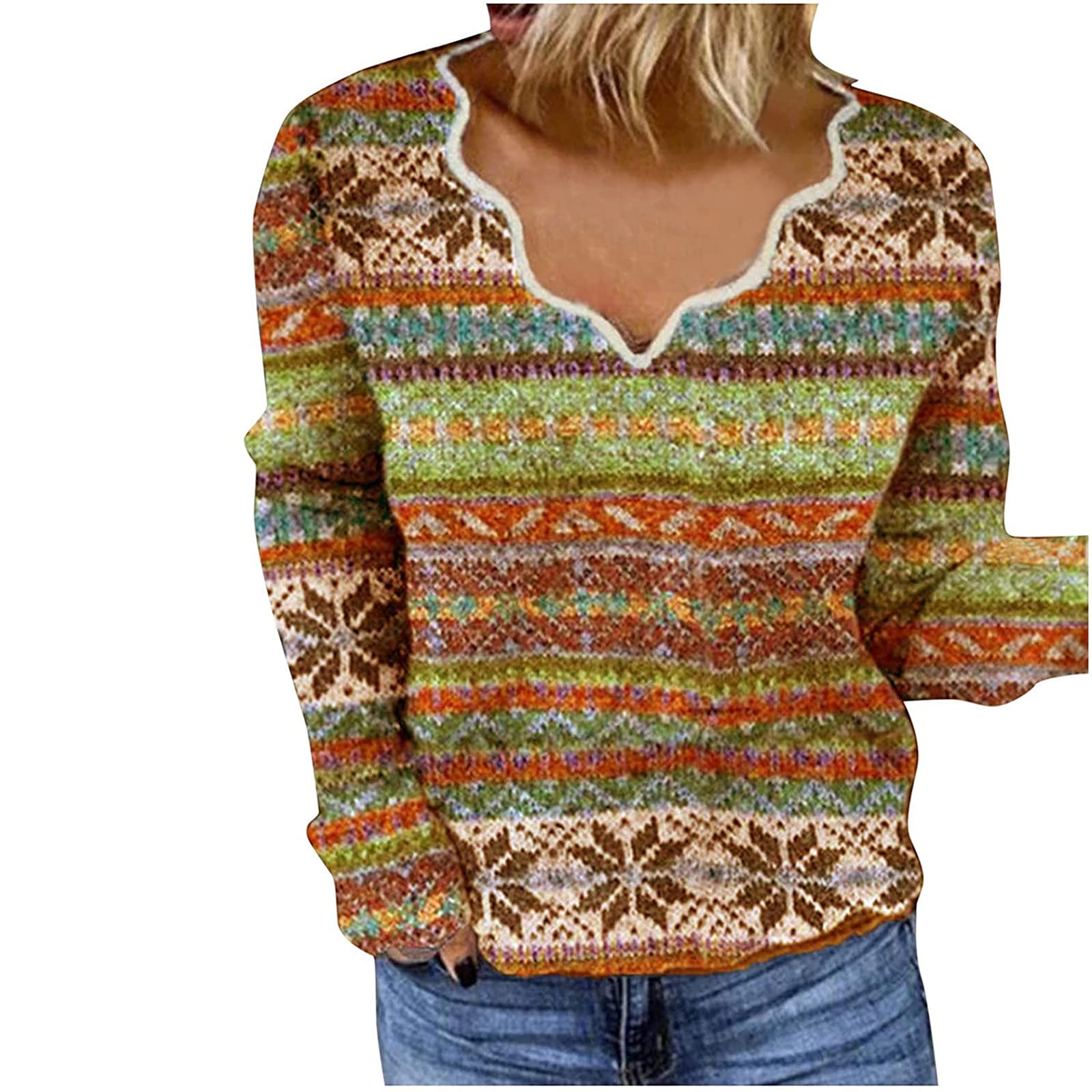 Women's Long Sleeve Floral Print Tops - Scalloped Collar Retro Boho T-Shirts for Casual Wear & Vintage Style Outfits