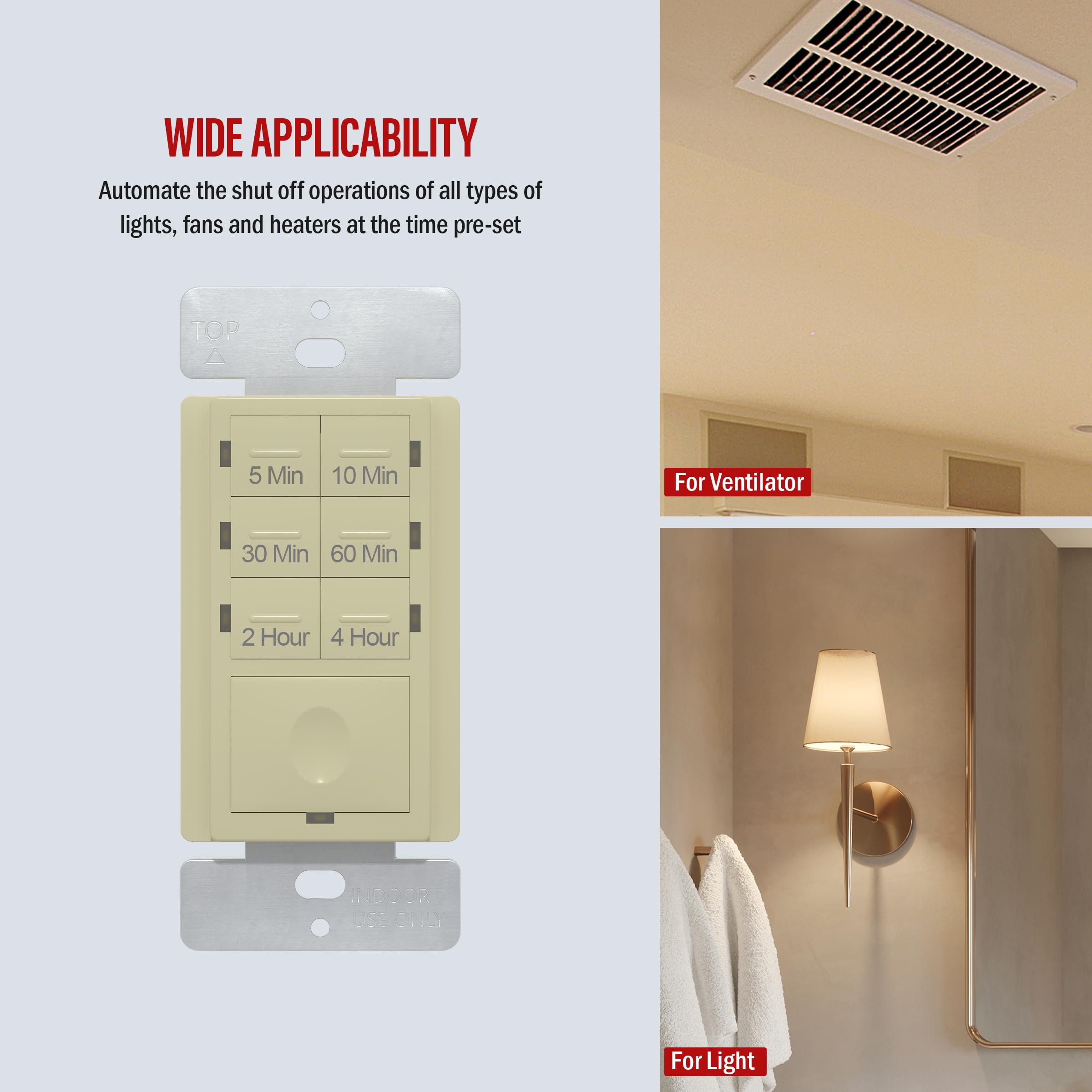 ENERLITES Countdown Timer Switch - 5 Min to 4 Hours Adjustable, UL Listed Wall Light & Fan Timer with LED Night Light, Neutral Wire Required (Ivory) - Perfect for Bathroom, Kitchen, Bedroom & Home Automation