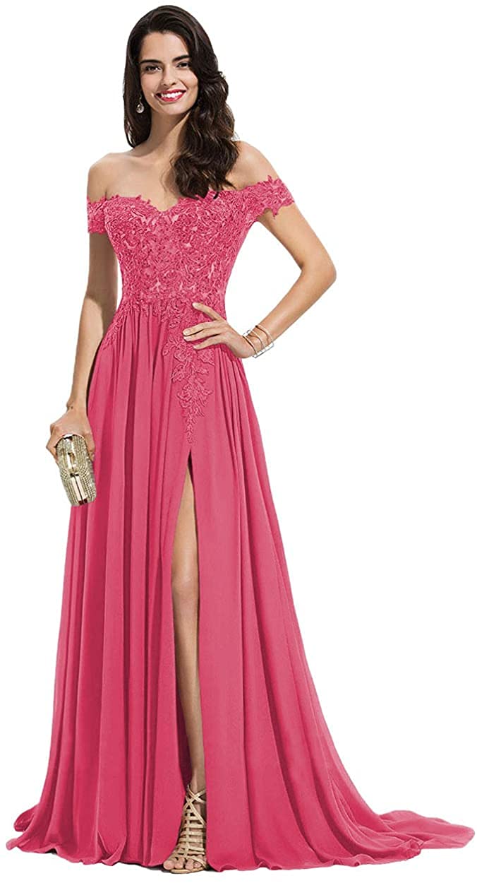 Elegant Off Shoulder Lace Prom Dress with High Slit - Long Chiffon Formal Gown with Applique Details for Women - Perfect for Homecoming, Evening Parties & Special Occasions